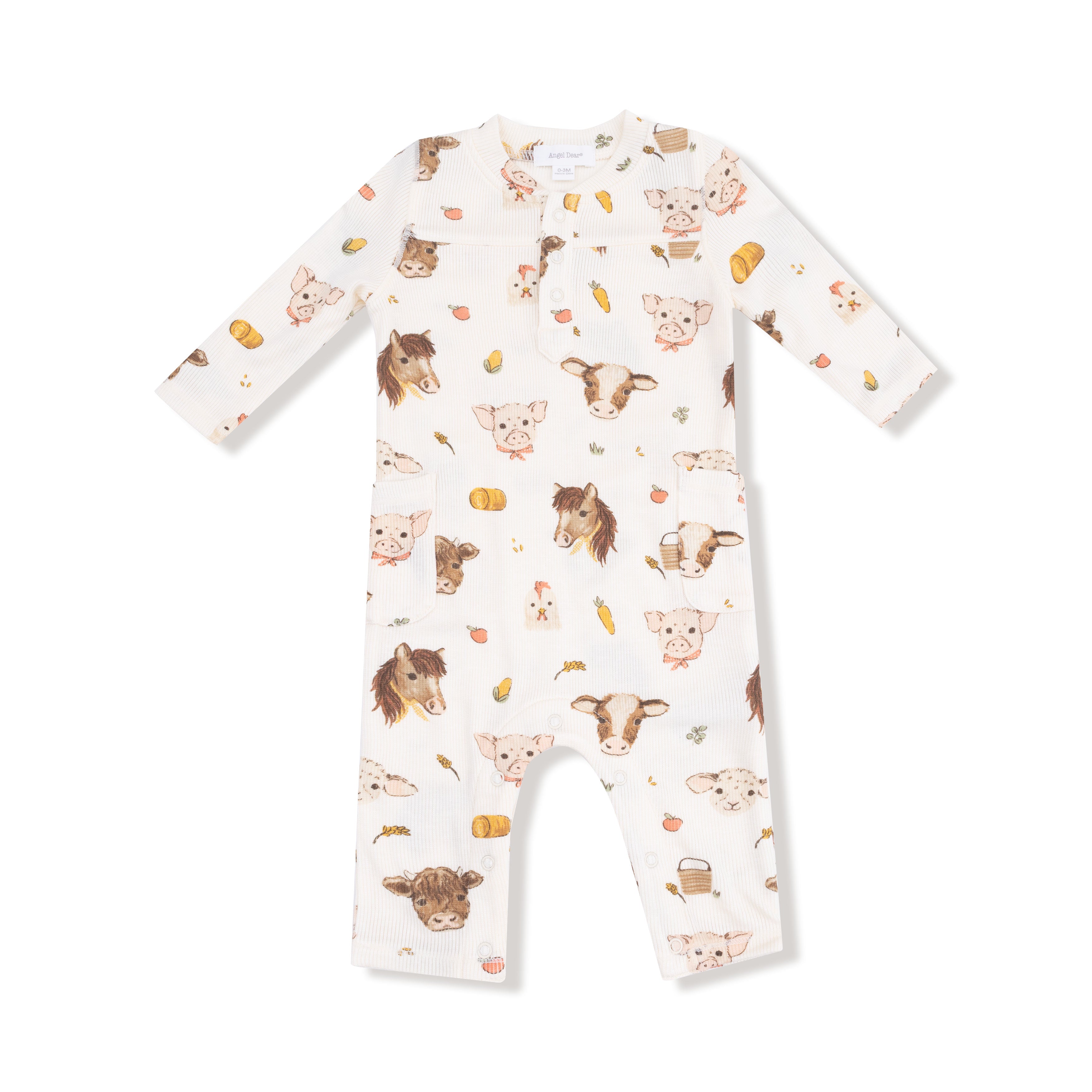 Uni Romper in our  Vintage Baby Farm Animals print from Angel Dear