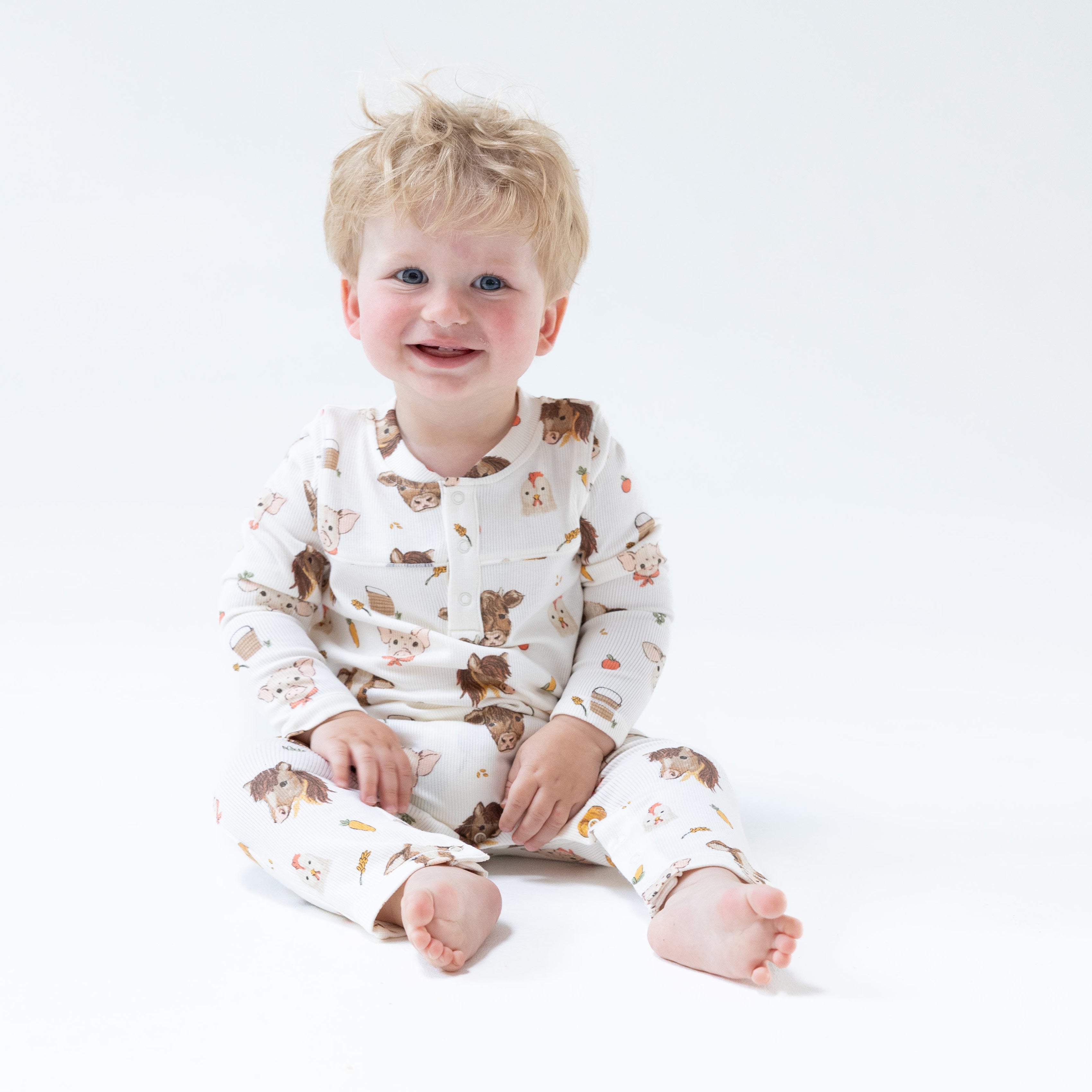 Uni Romper in our  Vintage Baby Farm Animals print from Angel Dear