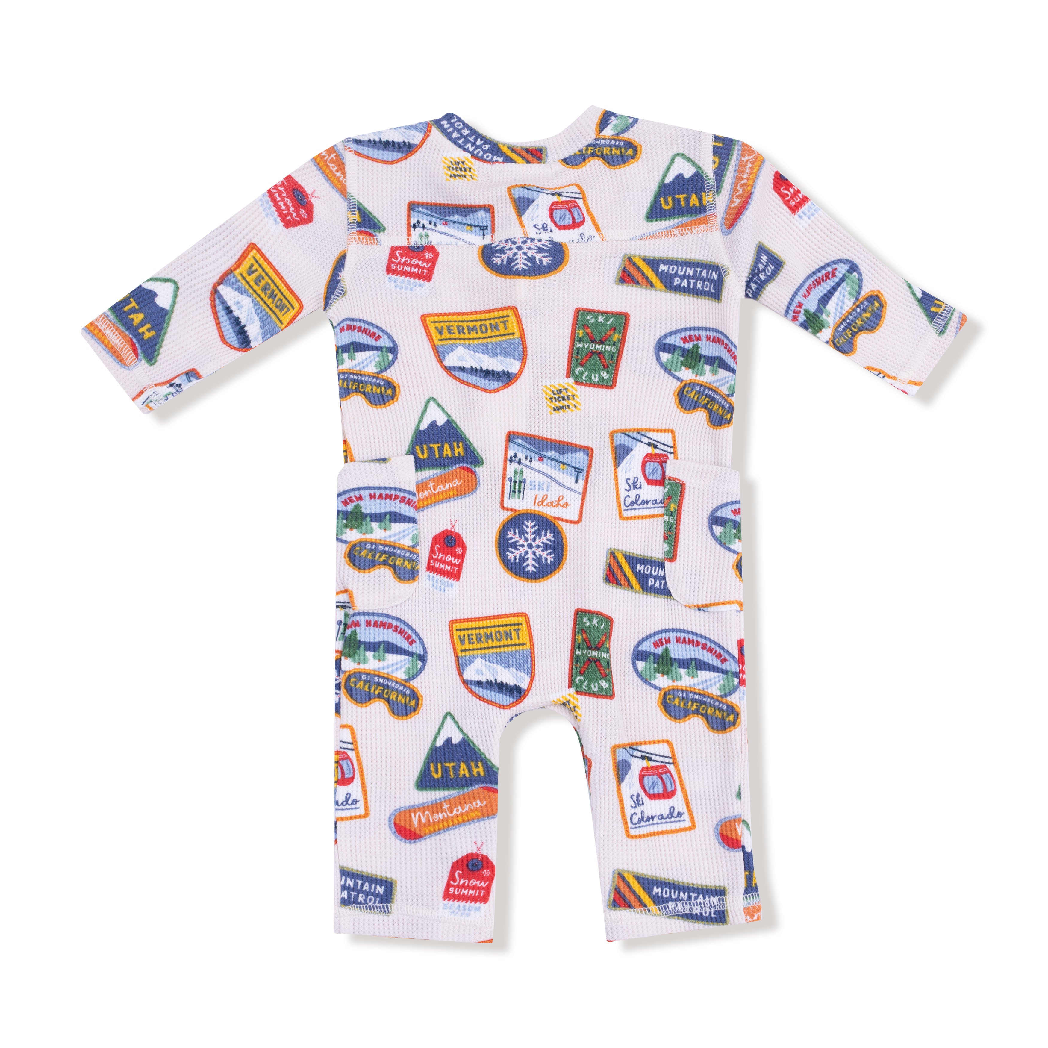 Uni Romper in our  Vintage State Snow Sport Patches print from Angel Dear