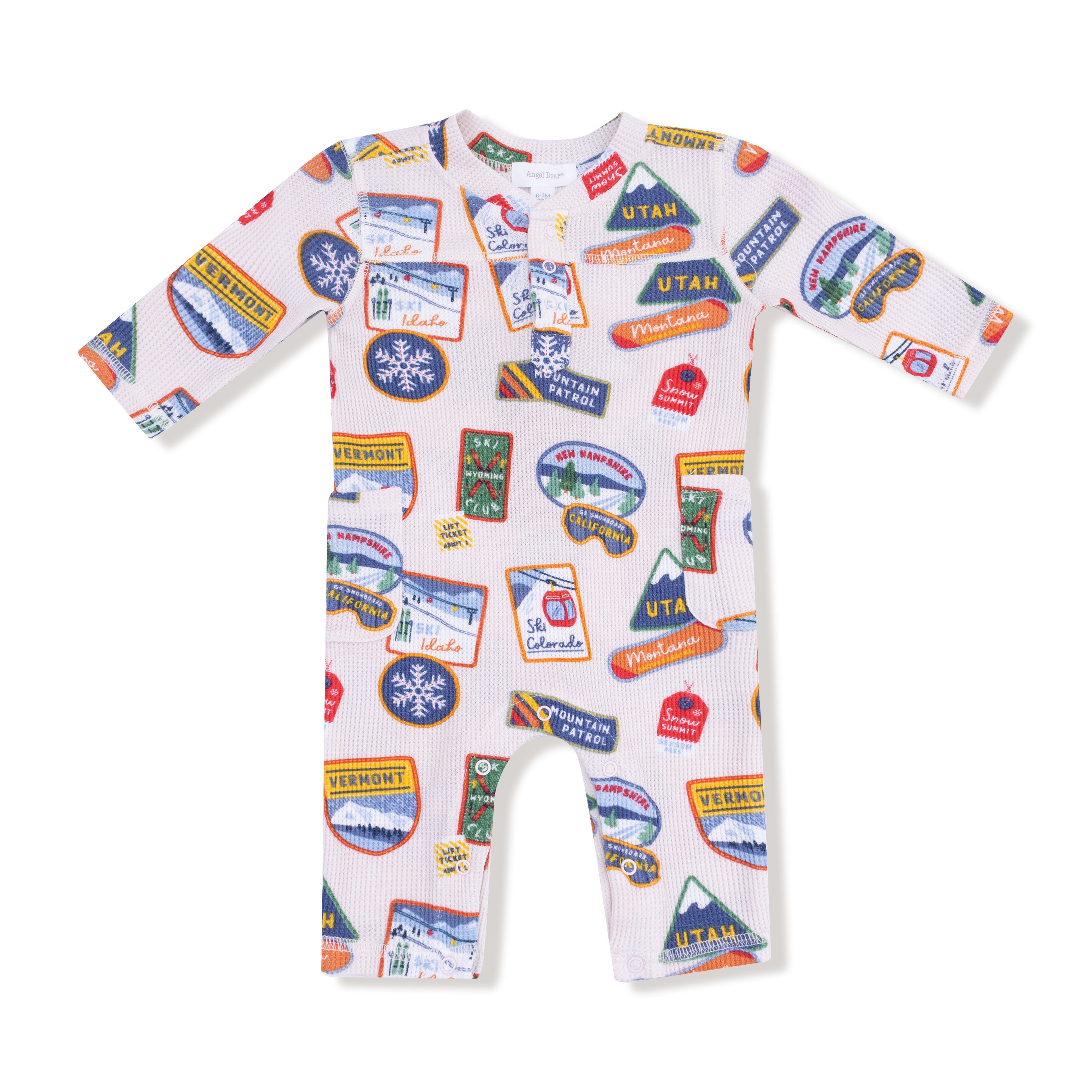 Uni Romper in our  Vintage State Snow Sport Patches print from Angel Dear