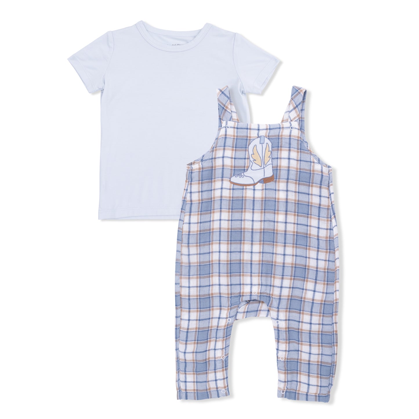 Western Boot Plaid - Crew Neck Tee with Overalls-Angel Dear