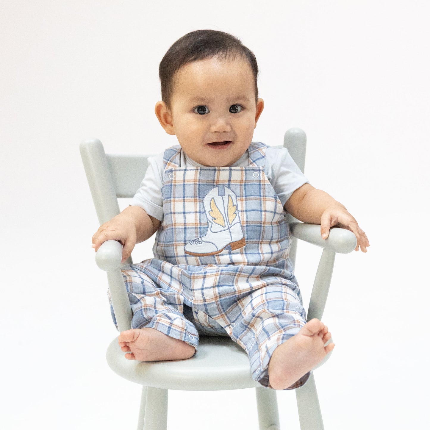 Western Boot Plaid - Crew Neck Tee with Overalls-Angel Dear