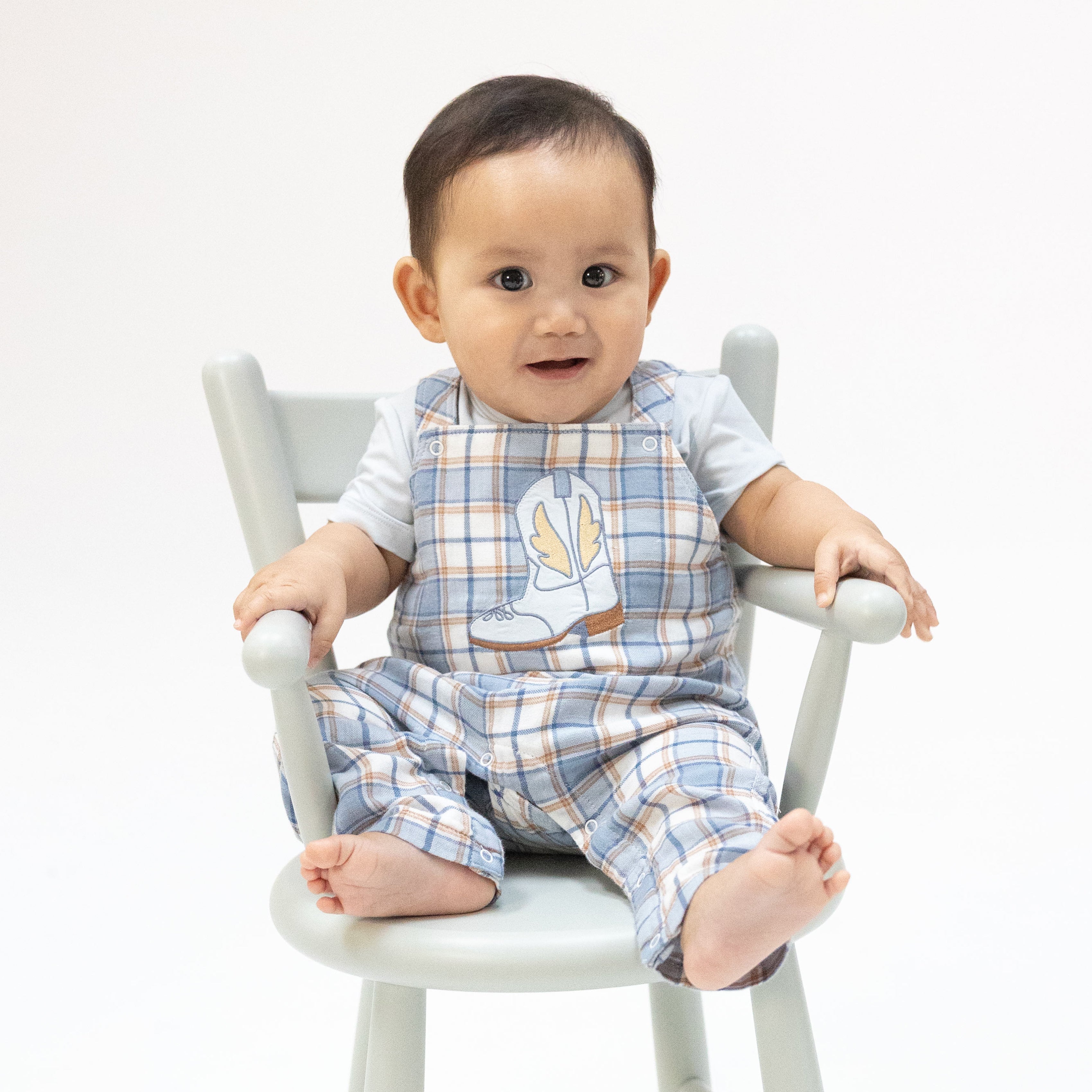 Western Boot Plaid - Crew Neck Tee with Overalls-Angel Dear