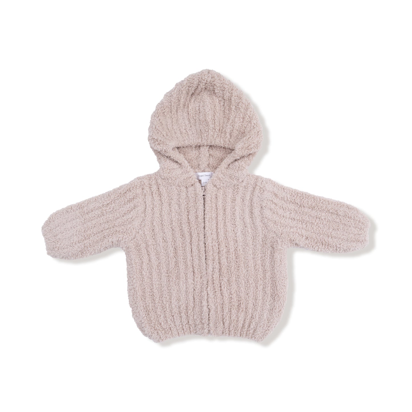 Beige knitted baby hoodie on a white background