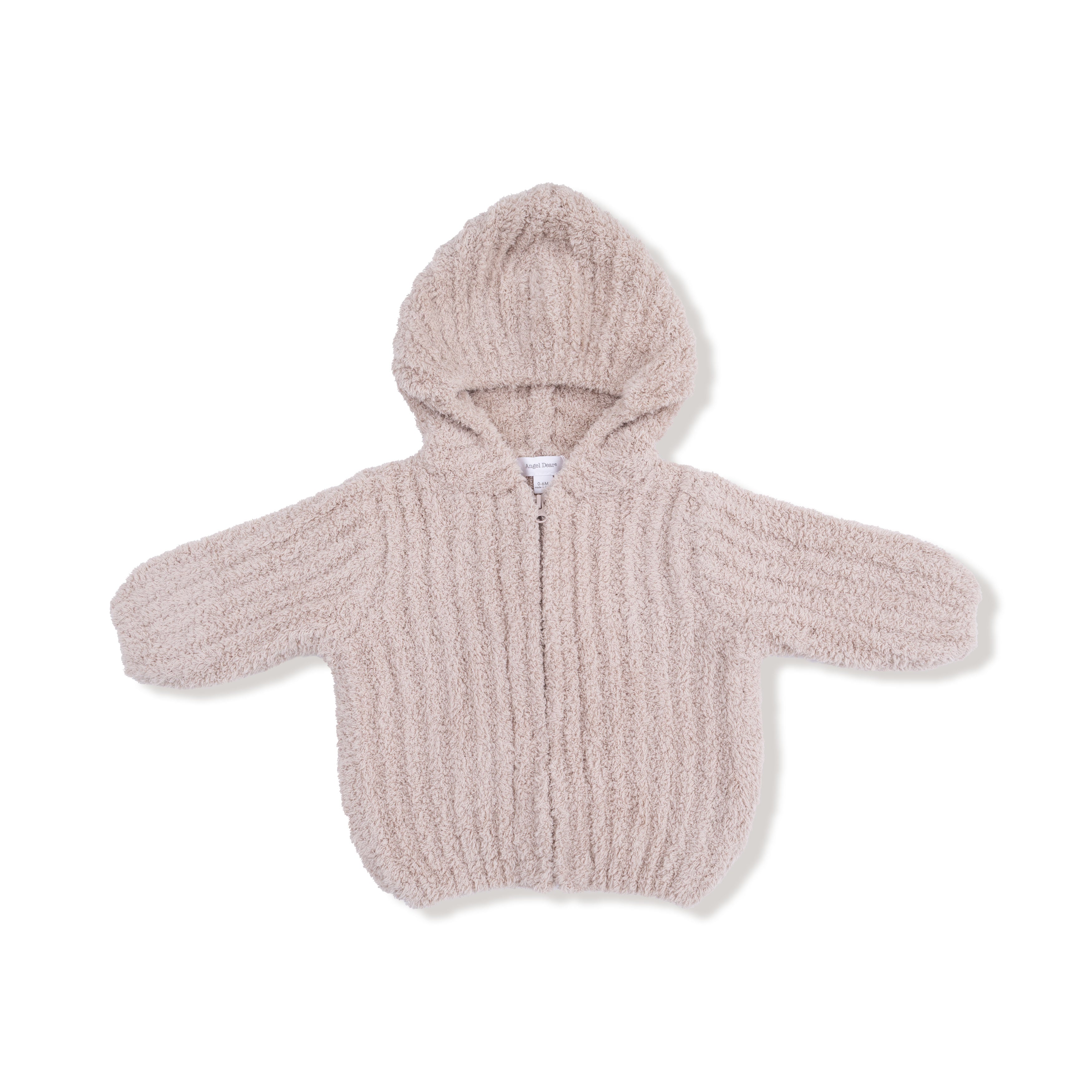 Beige knitted baby hoodie on a white background