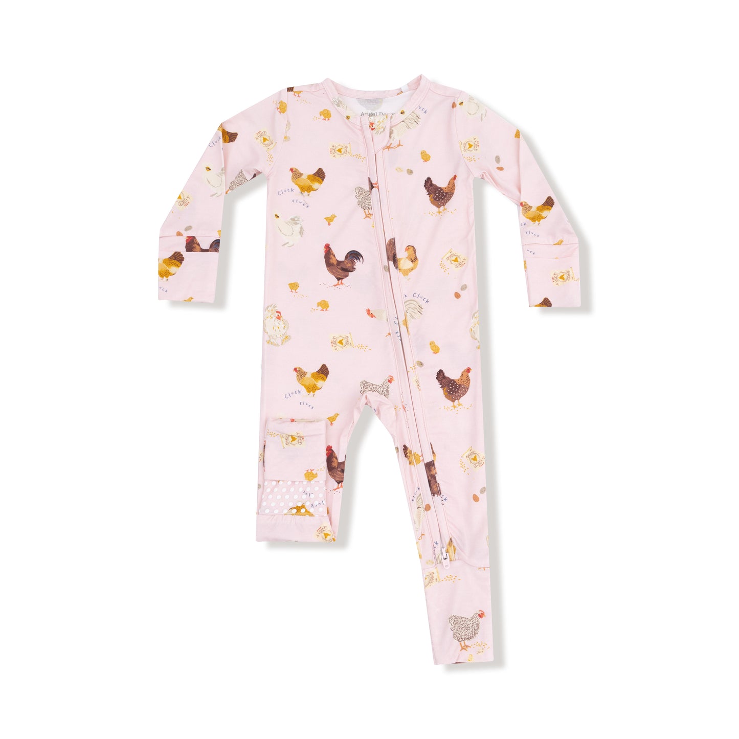 2 Way Ruffle Zipper Footie in our  Collector Chickens - Pink print from Angel Dear