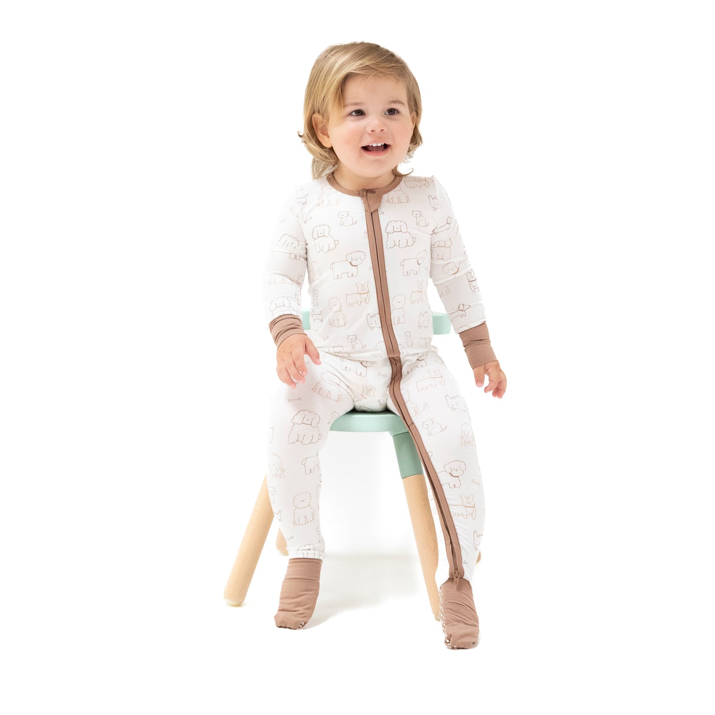 Convertible Romper in our  Neutral Pups print from Angel Dear