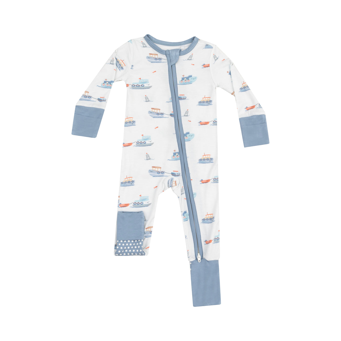 2 Way Zipper Romper - Bubbly Tugboats