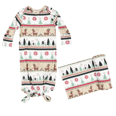 Knotted Gown - Reindeer Fair Isle-Swaddle-Set-Angel Dear