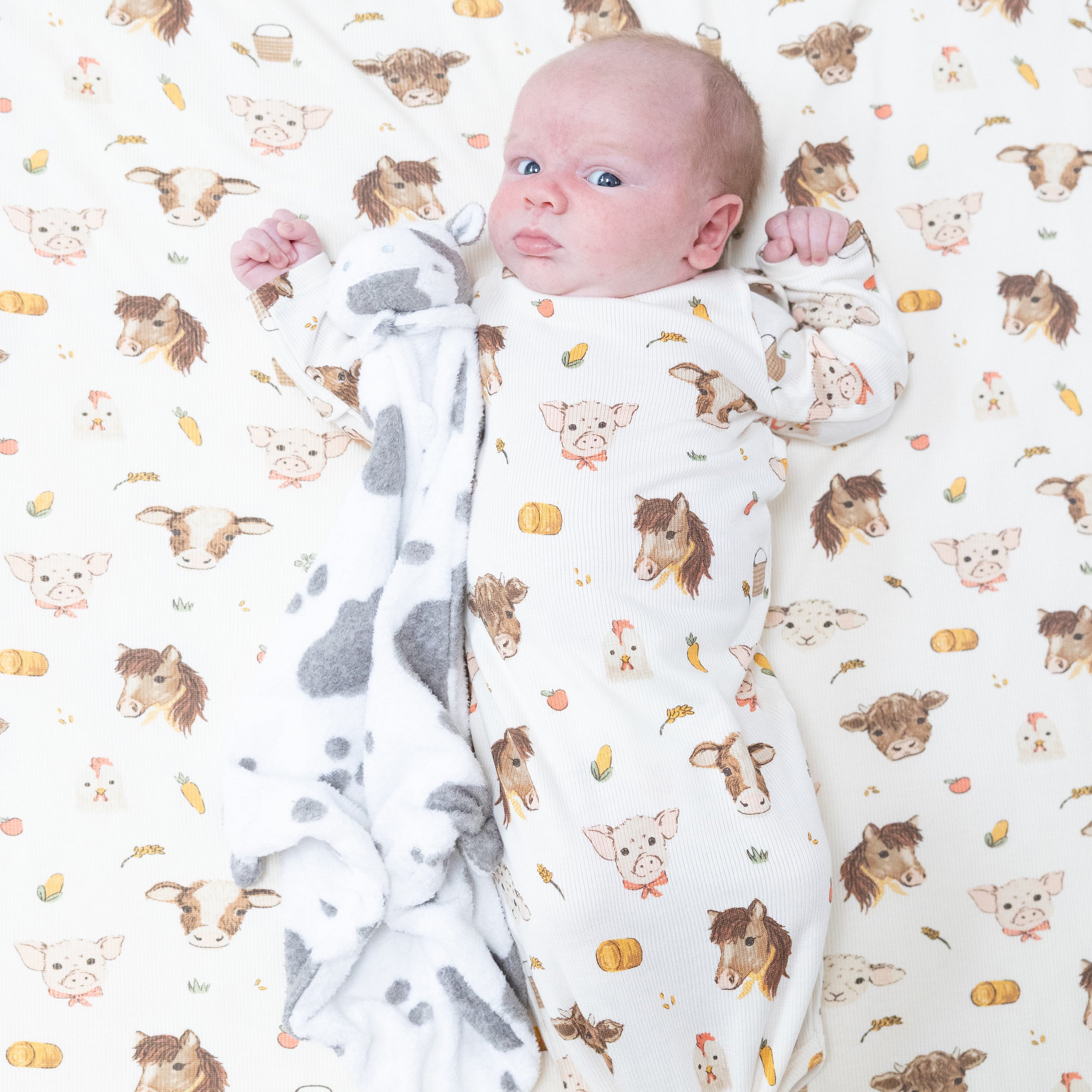 Knotted Gown in our  Vintage Baby Farm Animals print from Angel Dear