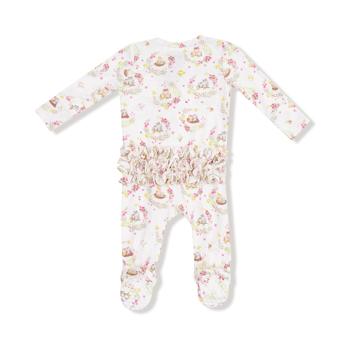 2 Way Ruffle Zipper Footie in our  Floral Owl Families print from Angel Dear
