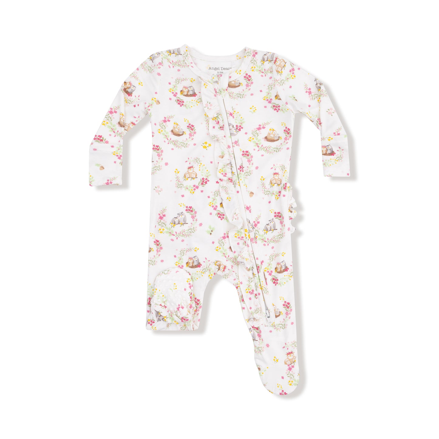 2 Way Ruffle Zipper Footie in our  Floral Owl Families print from Angel Dear