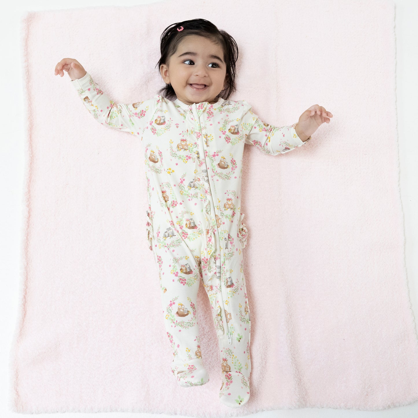 2 Way Ruffle Zipper Footie in our  Floral Owl Families print from Angel Dear
