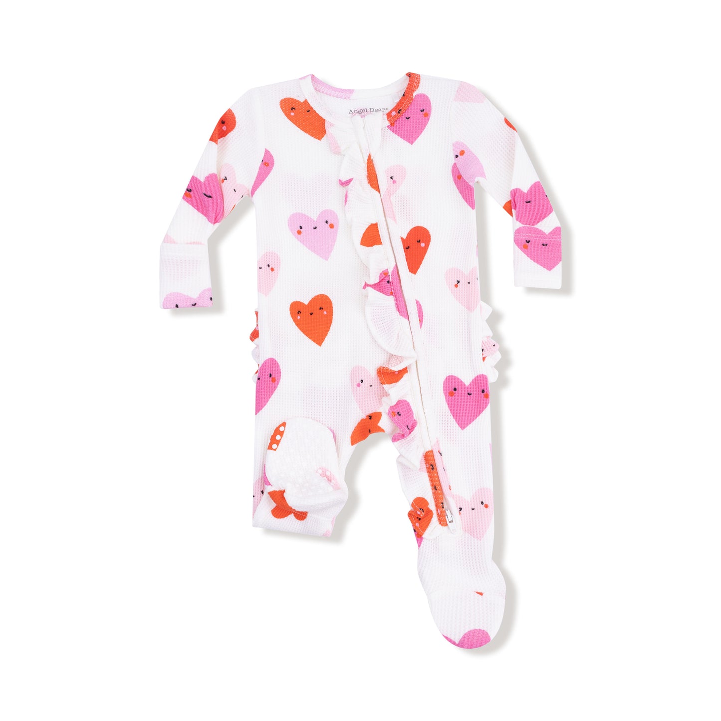 2 Way Ruffle Zipper Footie in our  Happy Hearts print from Angel Dear