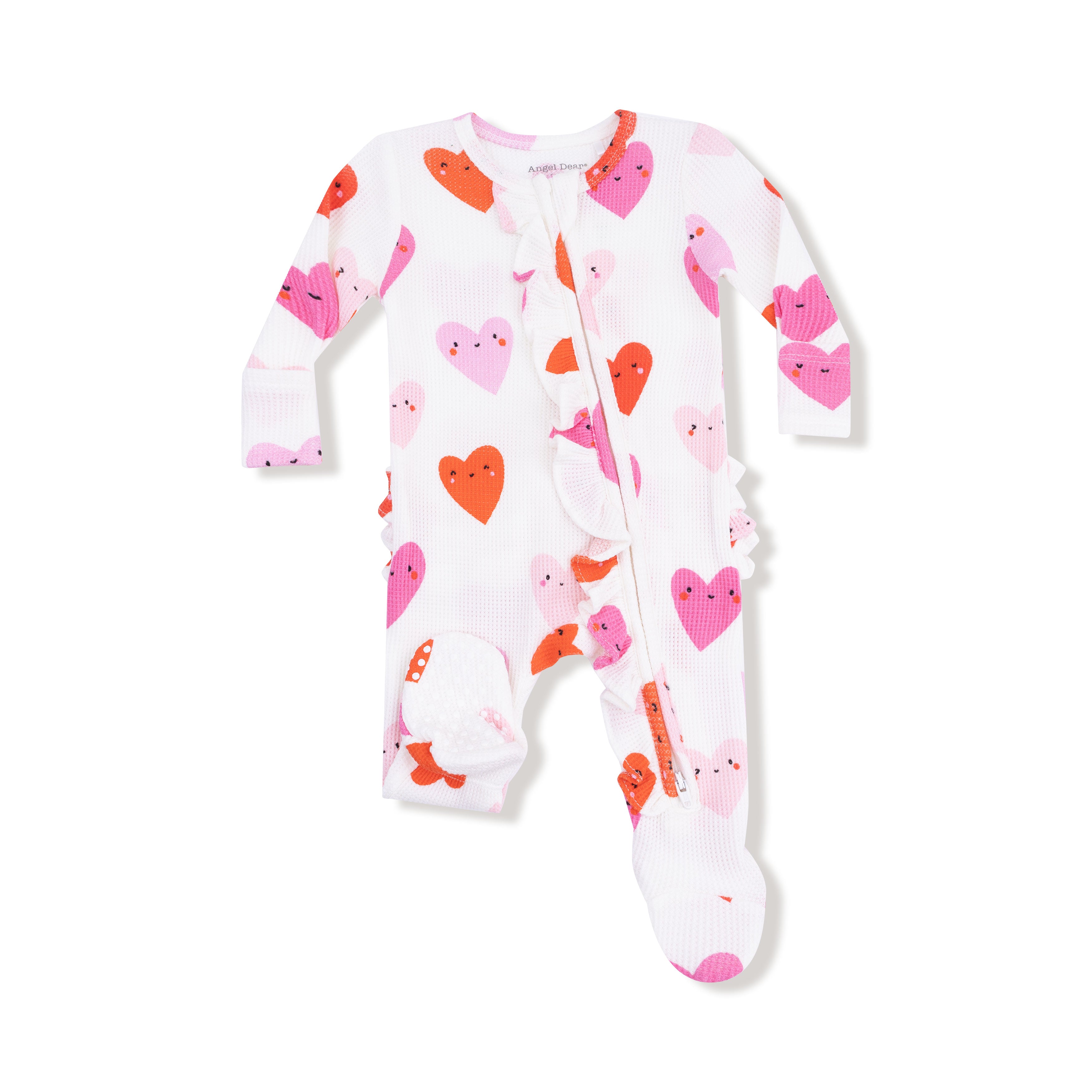2 Way Ruffle Zipper Footie in our  Happy Hearts print from Angel Dear