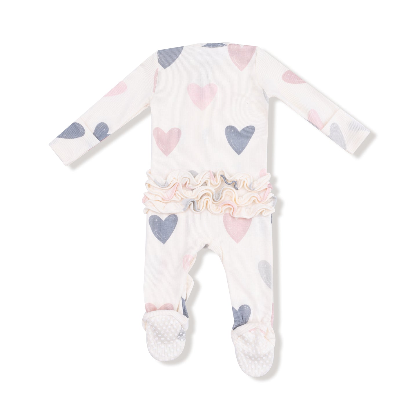 2 Way Ruffle Zipper Footie in our  Hearts print from Angel Dear