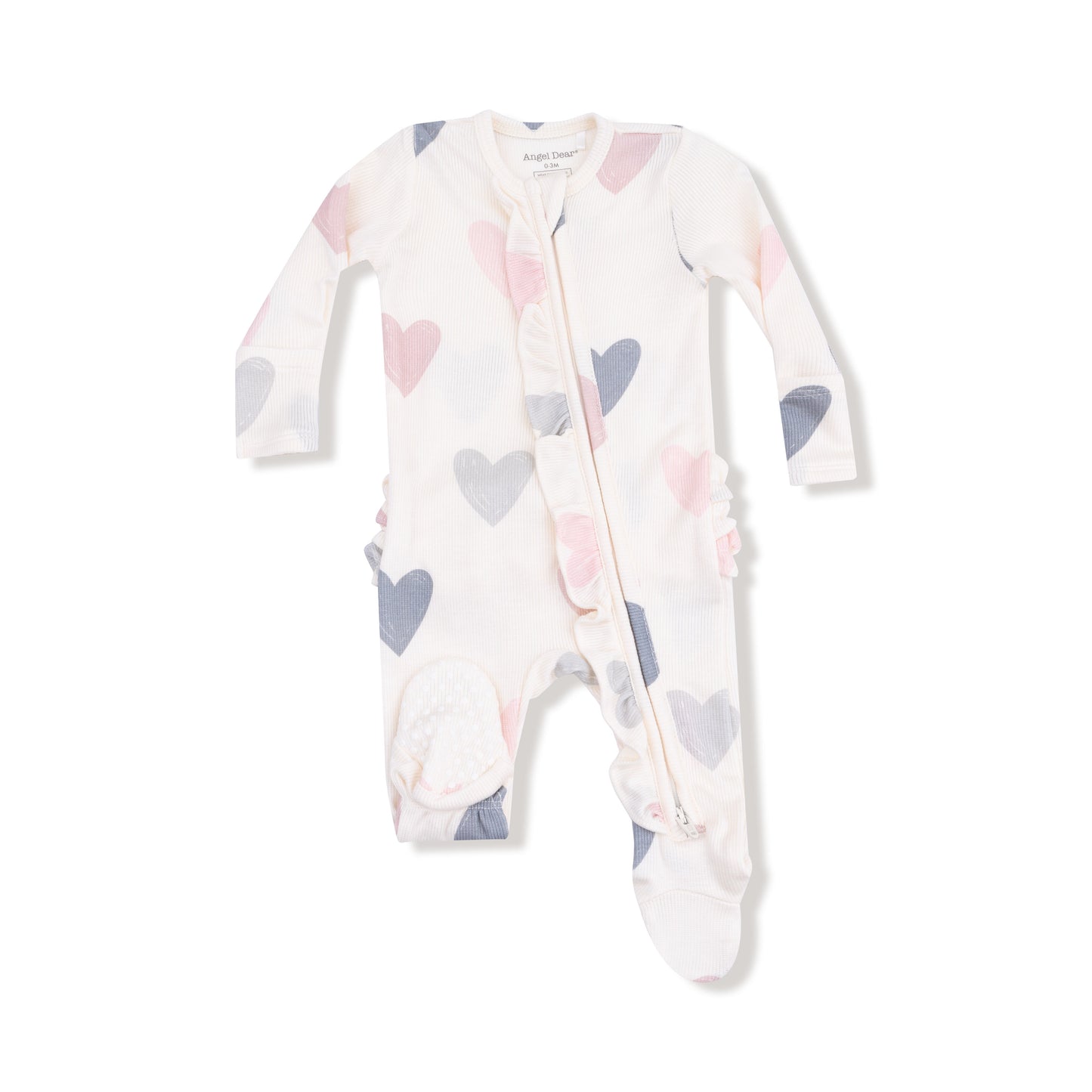2 Way Ruffle Zipper Footie in our  Hearts print from Angel Dear