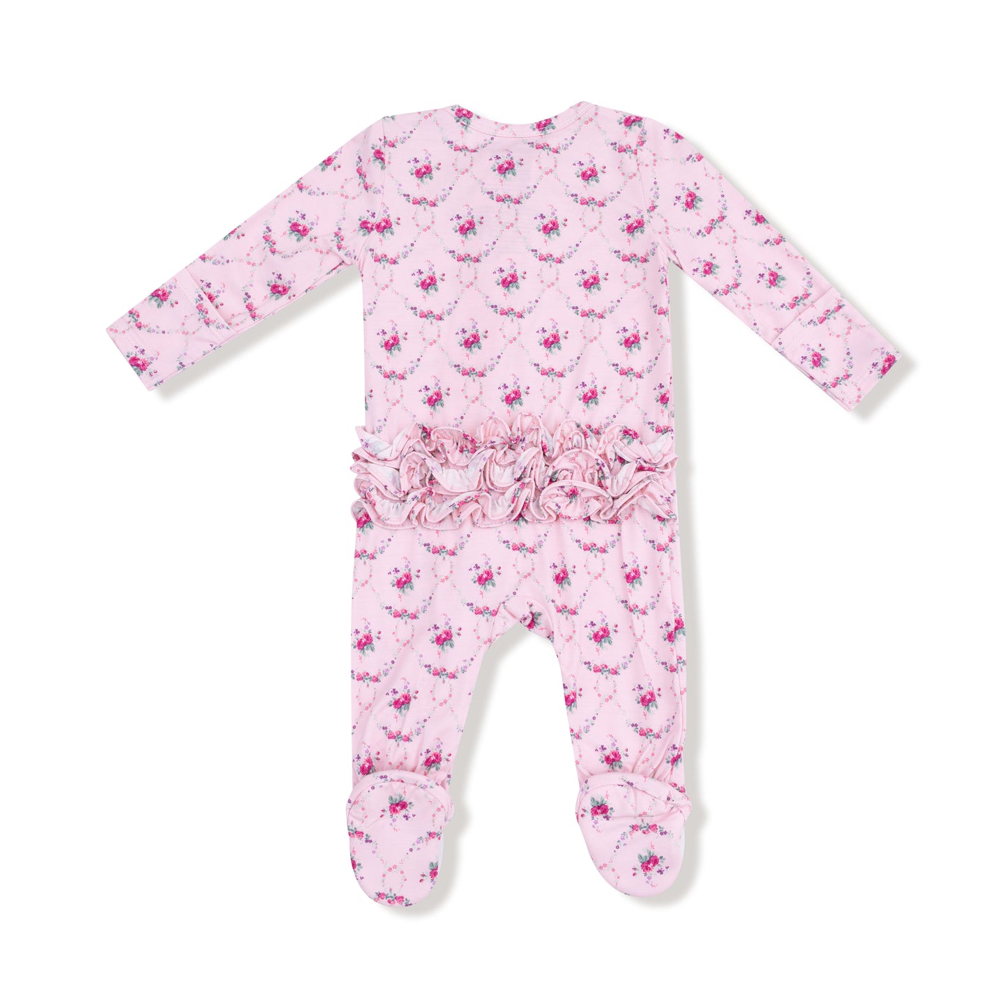 2 Way Ruffle Zipper Footie in our  Rose Garden Trellis print from Angel Dear