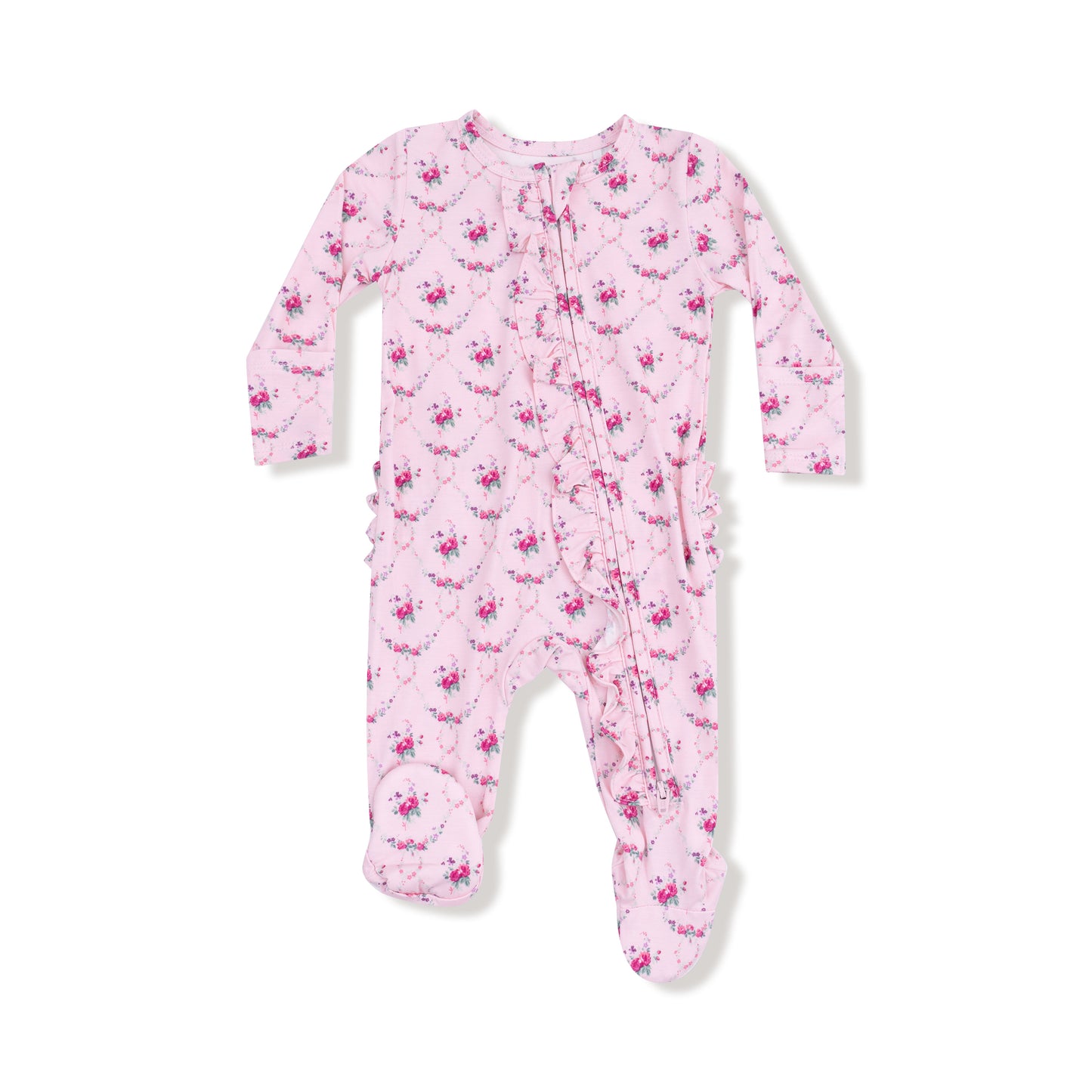 2 Way Ruffle Zipper Footie in our  Rose Garden Trellis print from Angel Dear
