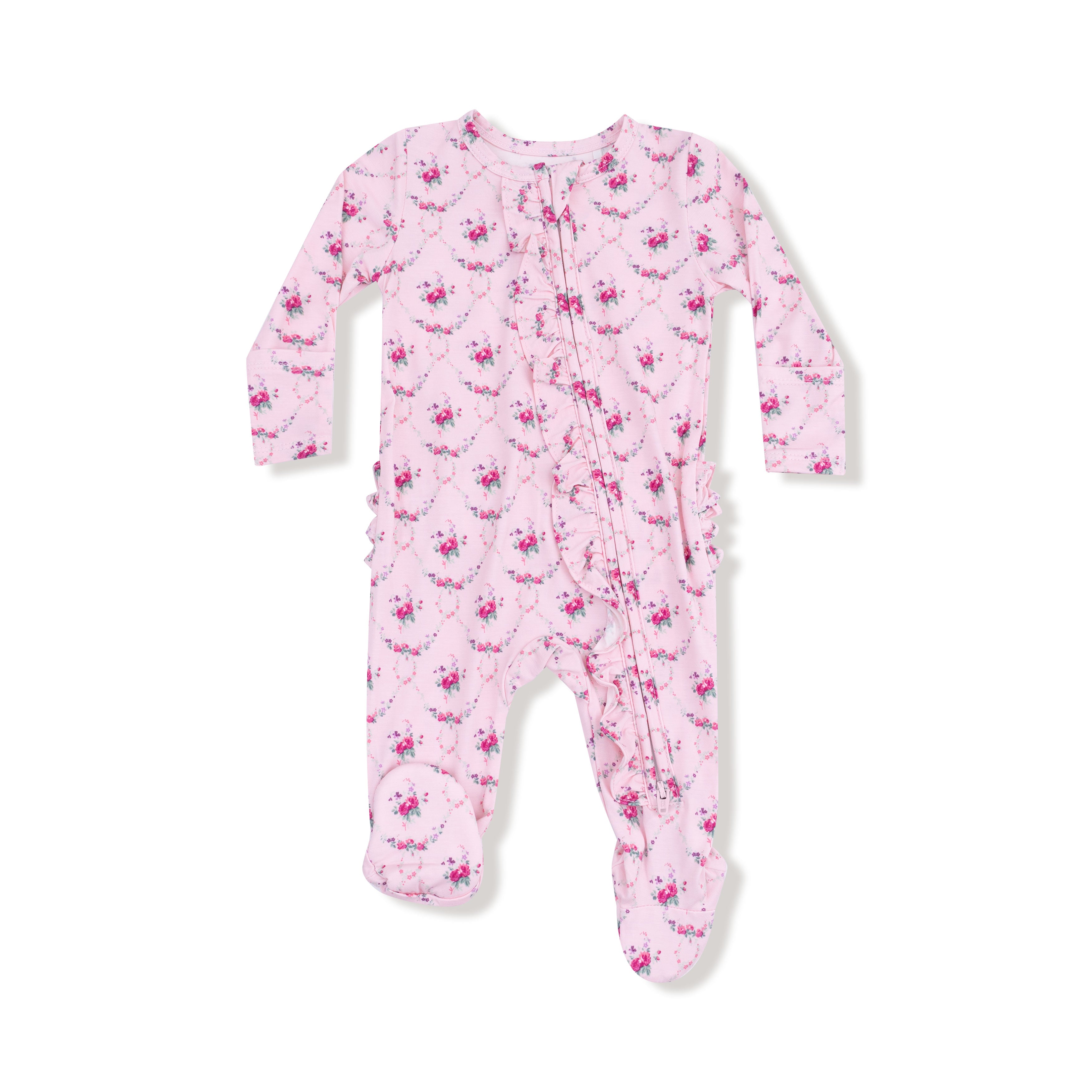 2 Way Ruffle Zipper Footie in our  Rose Garden Trellis print from Angel Dear
