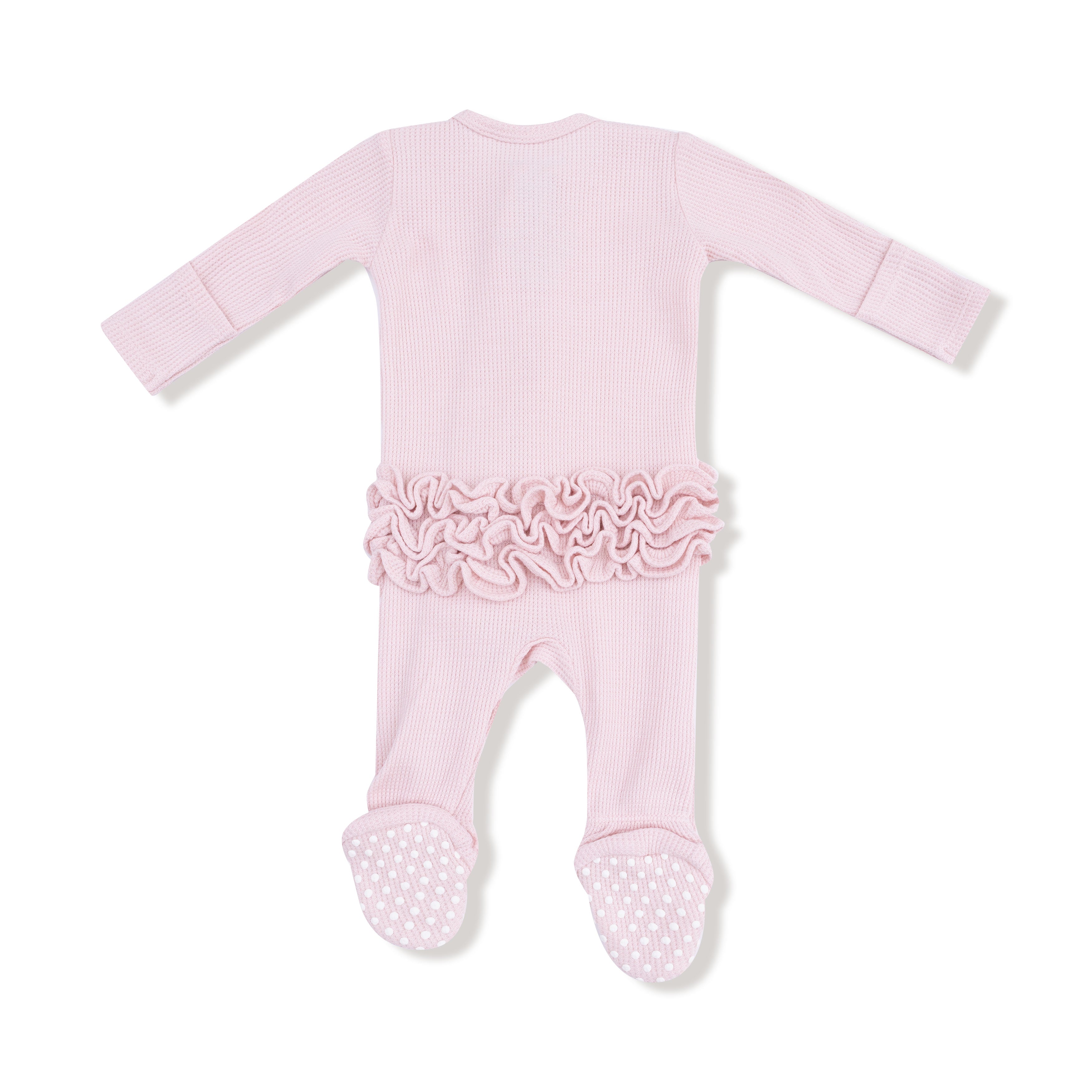 2 Way Ruffle Zipper Footie in our Veiled Pink print from Angel Dear
