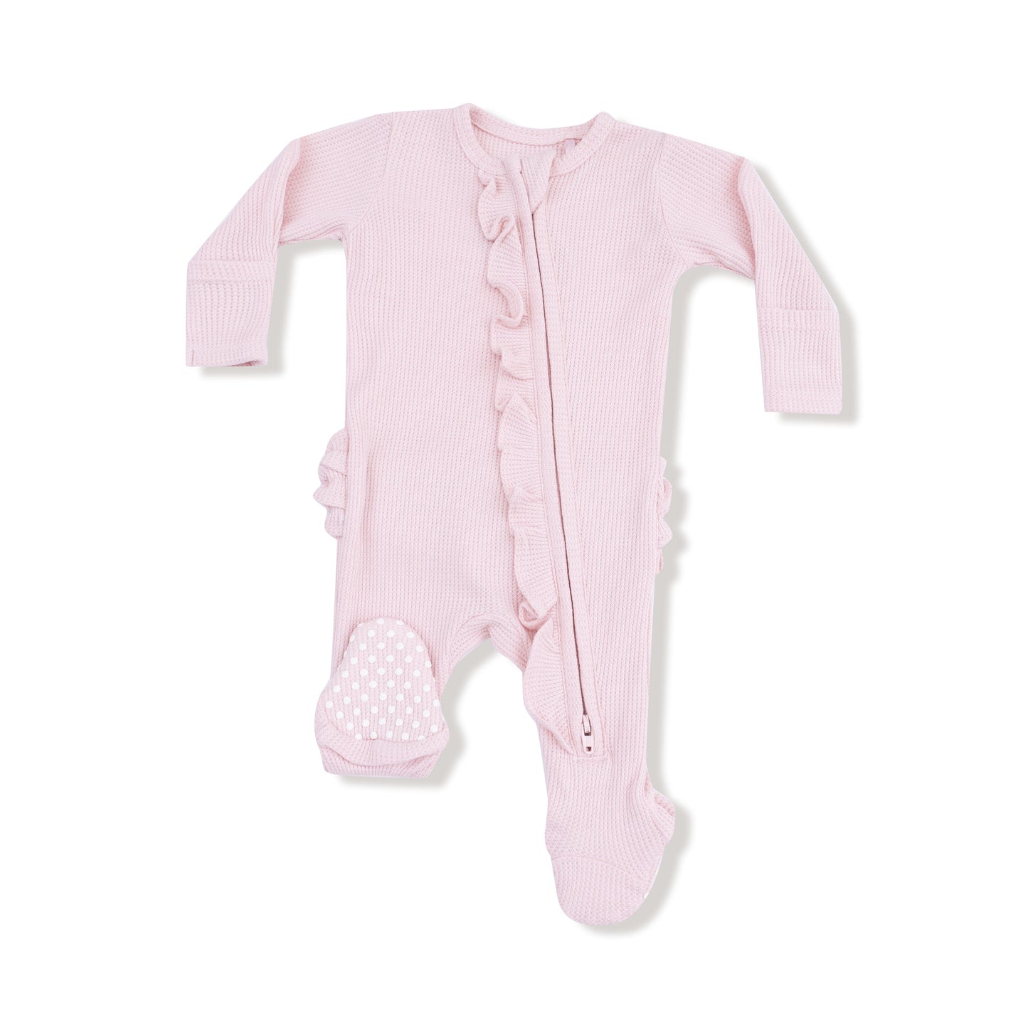 2 Way Ruffle Zipper Footie in our Veiled Pink print from Angel Dear
