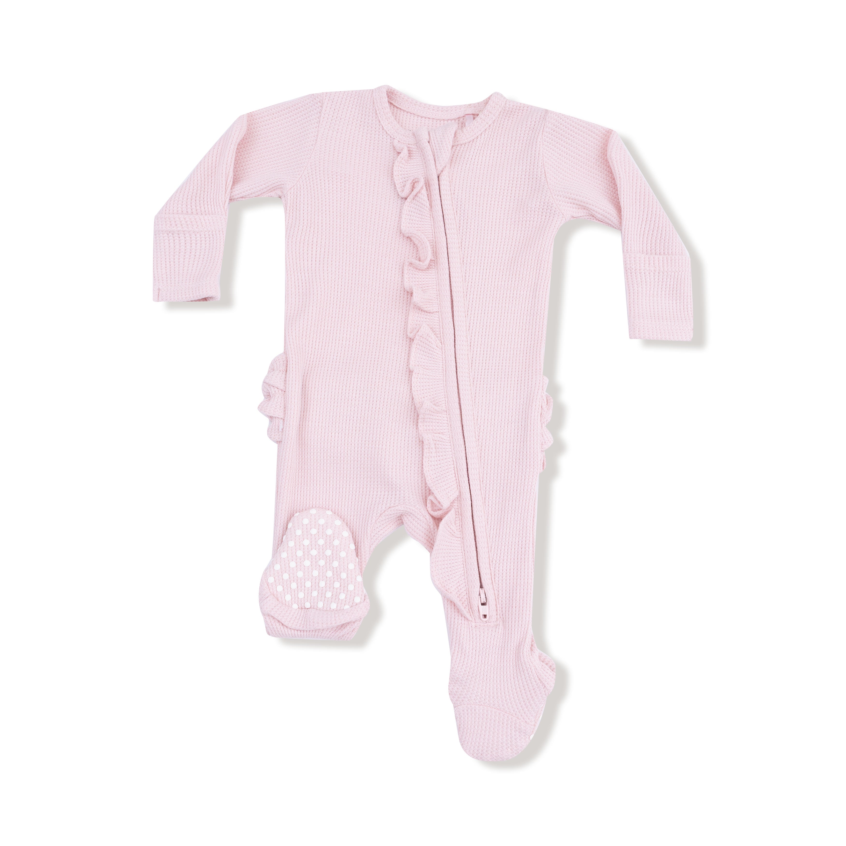 2 Way Ruffle Zipper Footie in our Veiled Pink print from Angel Dear