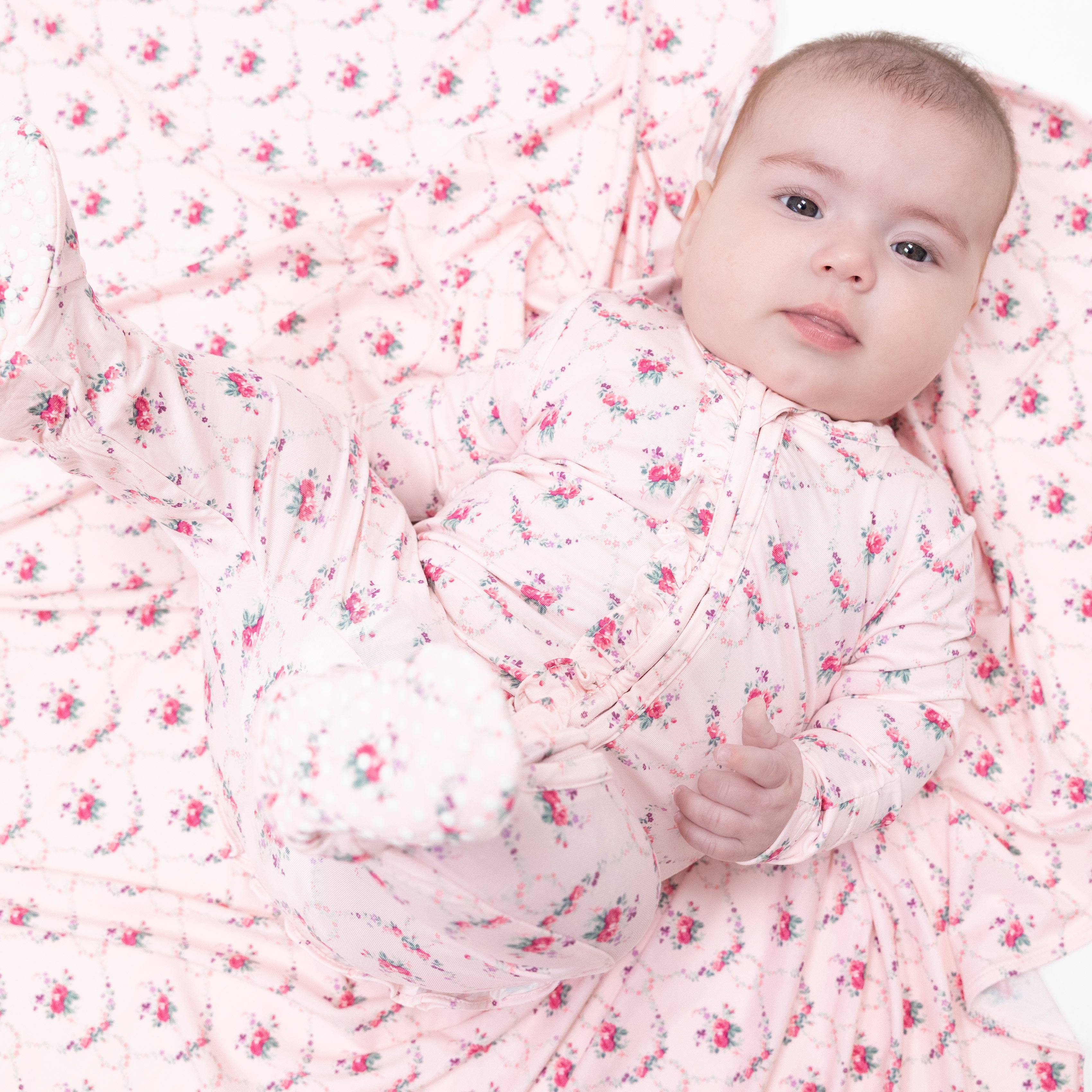 2 Way Ruffle Zipper Footie in our  Rose Garden Trellis print from Angel Dear