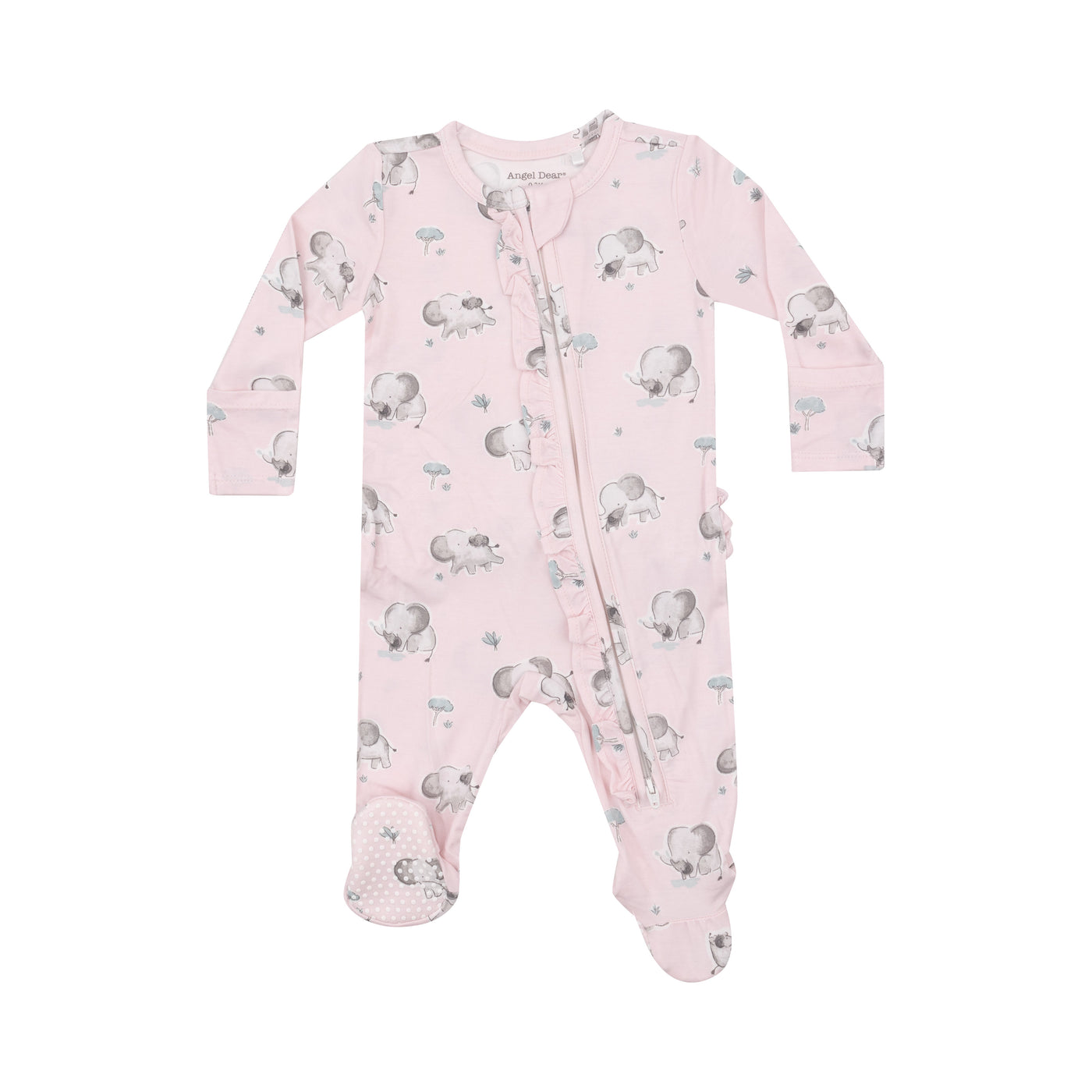 2 Way Ruffle Zipper Footie - Gray Elephants - Pink-Angel Dear