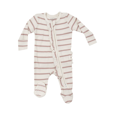 2 Way Ruffle Zipper Footie - Modal Rib French Stripe -Misty Rose-Angel Dear