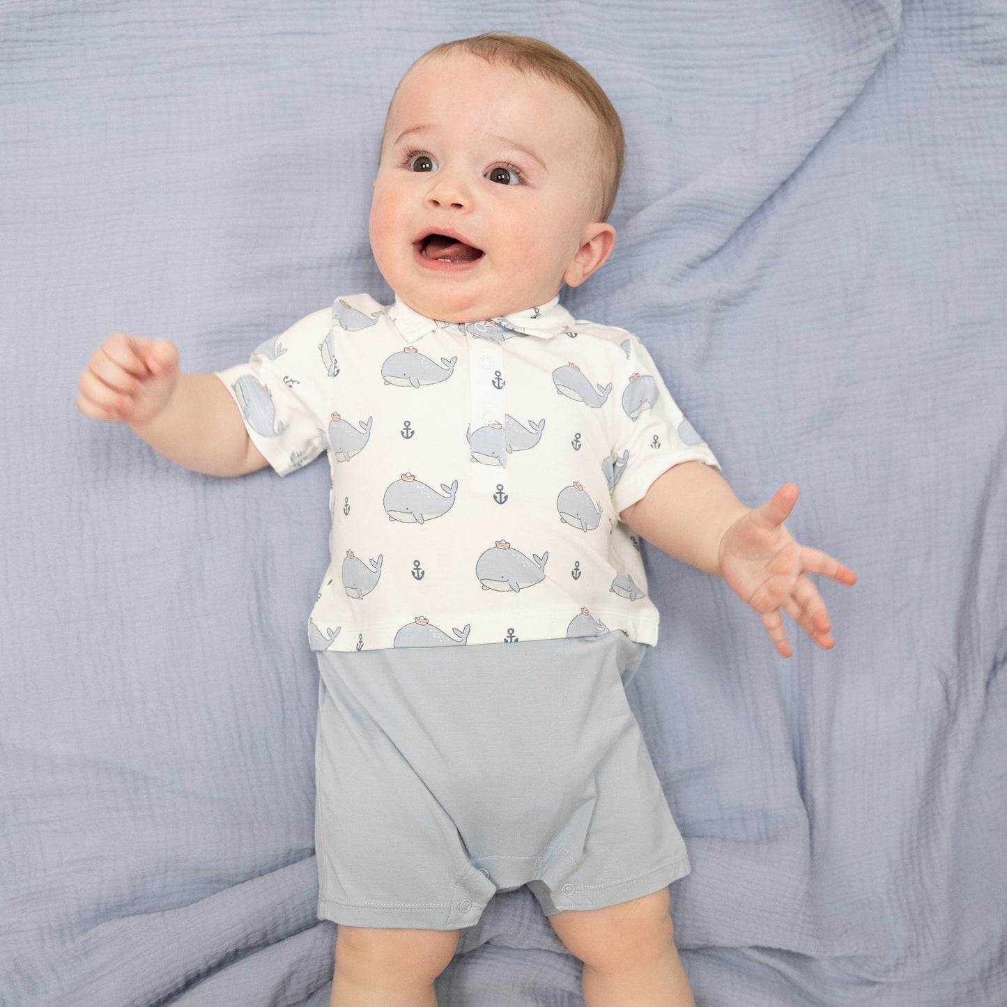 Bubbly Sailor Whales Blue - Short Playsuit-Angel Dear