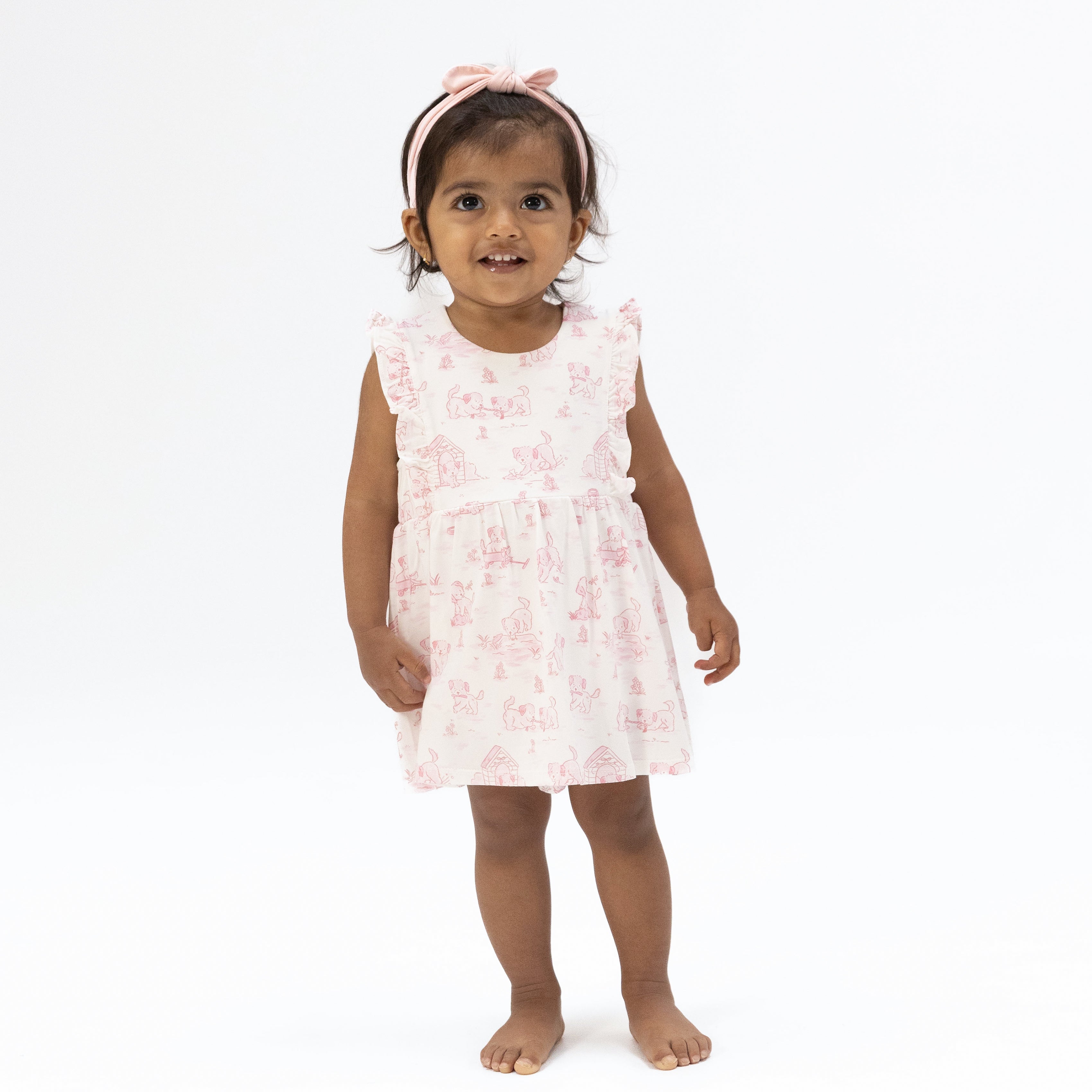 Puppy Toile Pink - Ruffle Bodysuit Dress-Angel Dear