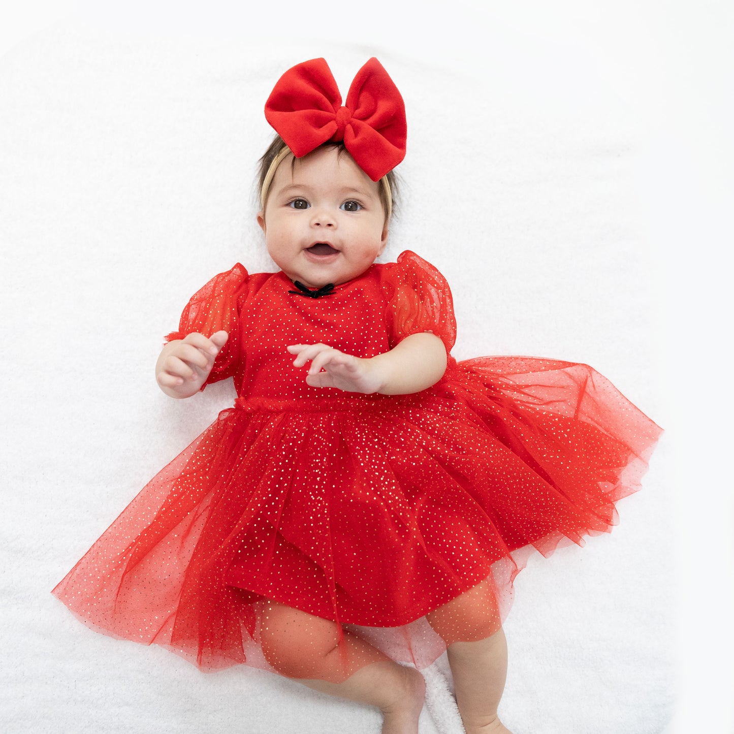 Velour Holiday Red - Puff Sleeve Dress with Tulle Overlay and Bloomer (up to 4T)