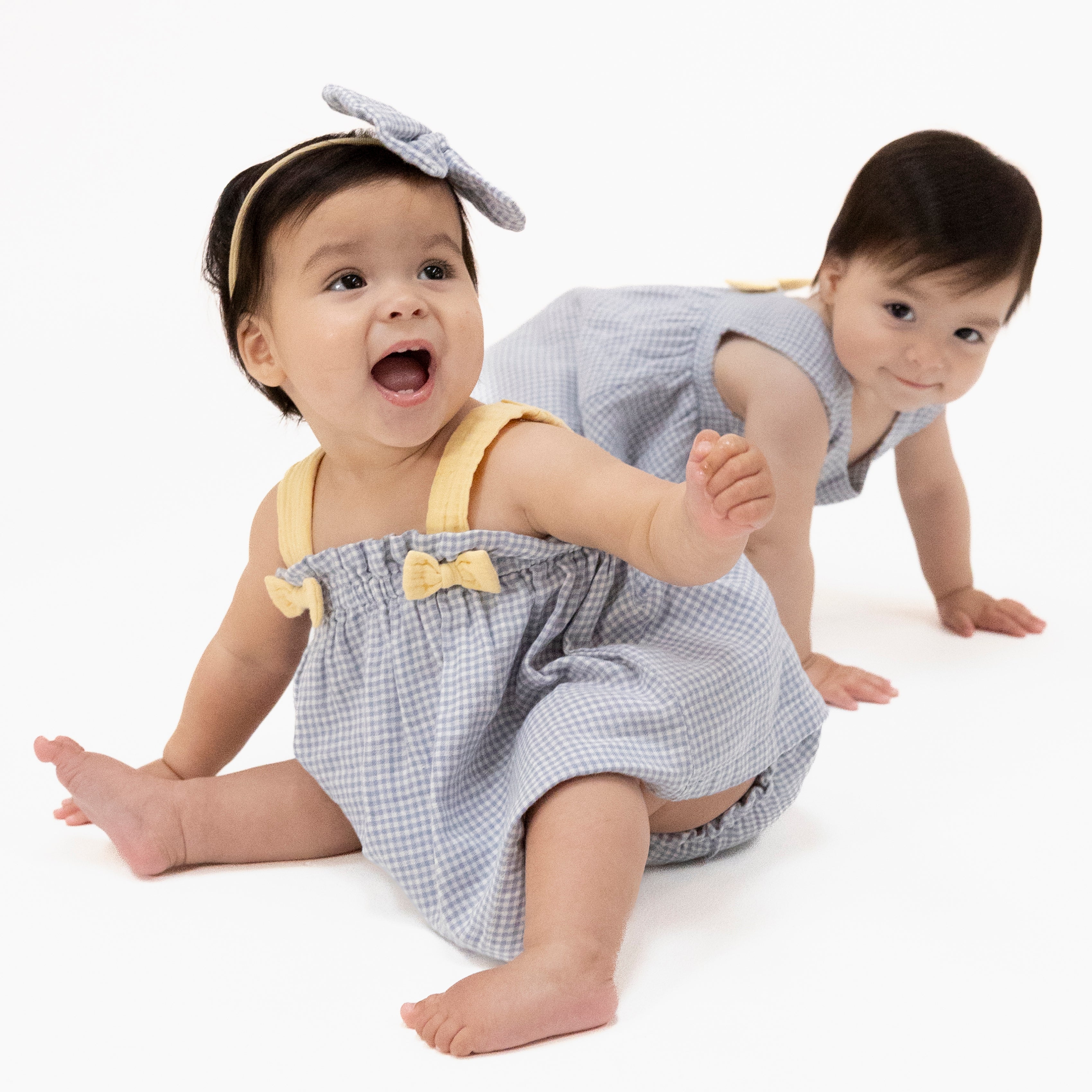 Micro Gingham Blue Blizzard - Top with Bows and Ruffle Leg Bloomer-Angel Dear