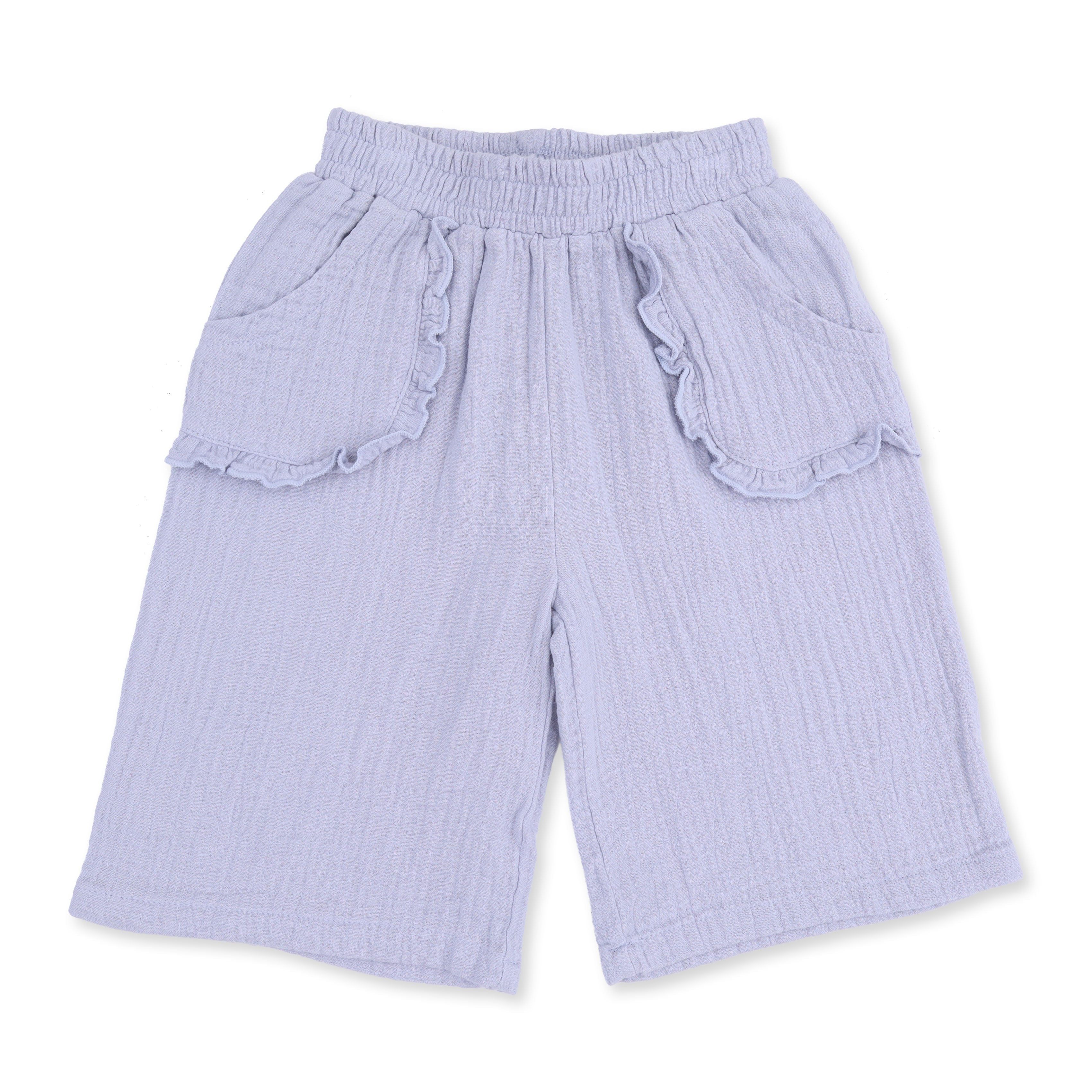 Solid Muslin Zen Blue - Wide Leg Pant with Ruffle Pocket