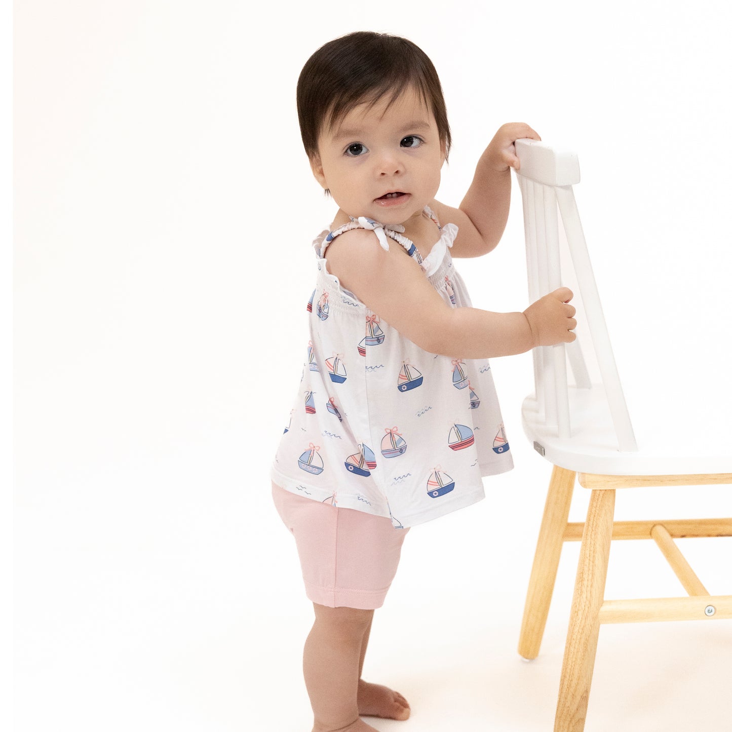 Bubbly Sailboats Pink - Smocked Top & Bike Short-Angel Dear