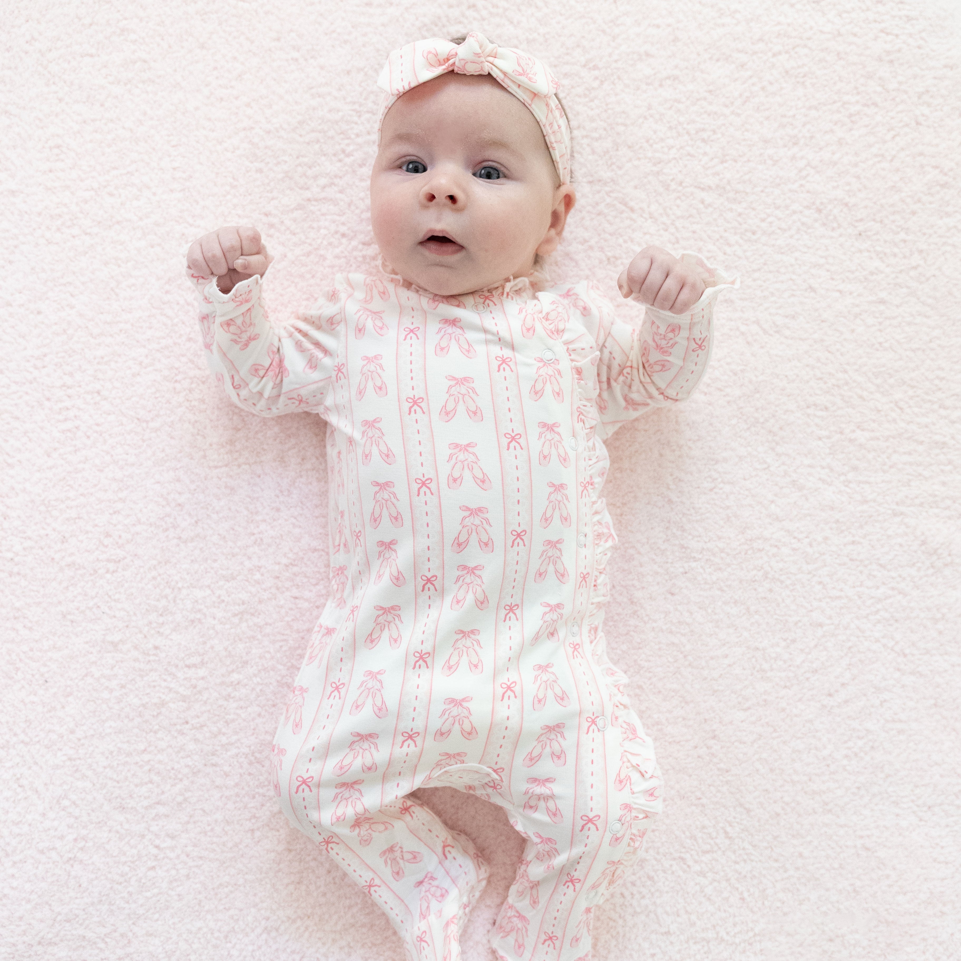 Ballet Shoes Ribbon Stripe - Kimono Ruffle Snap Footie