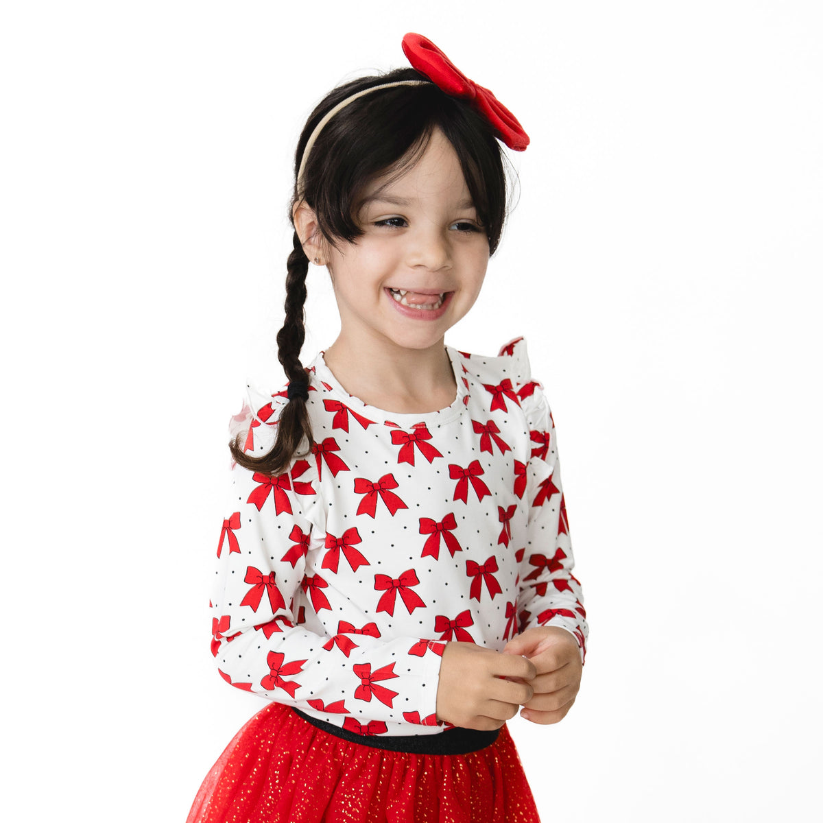 Festive Bows - Long Sleeve Ruffle Tee