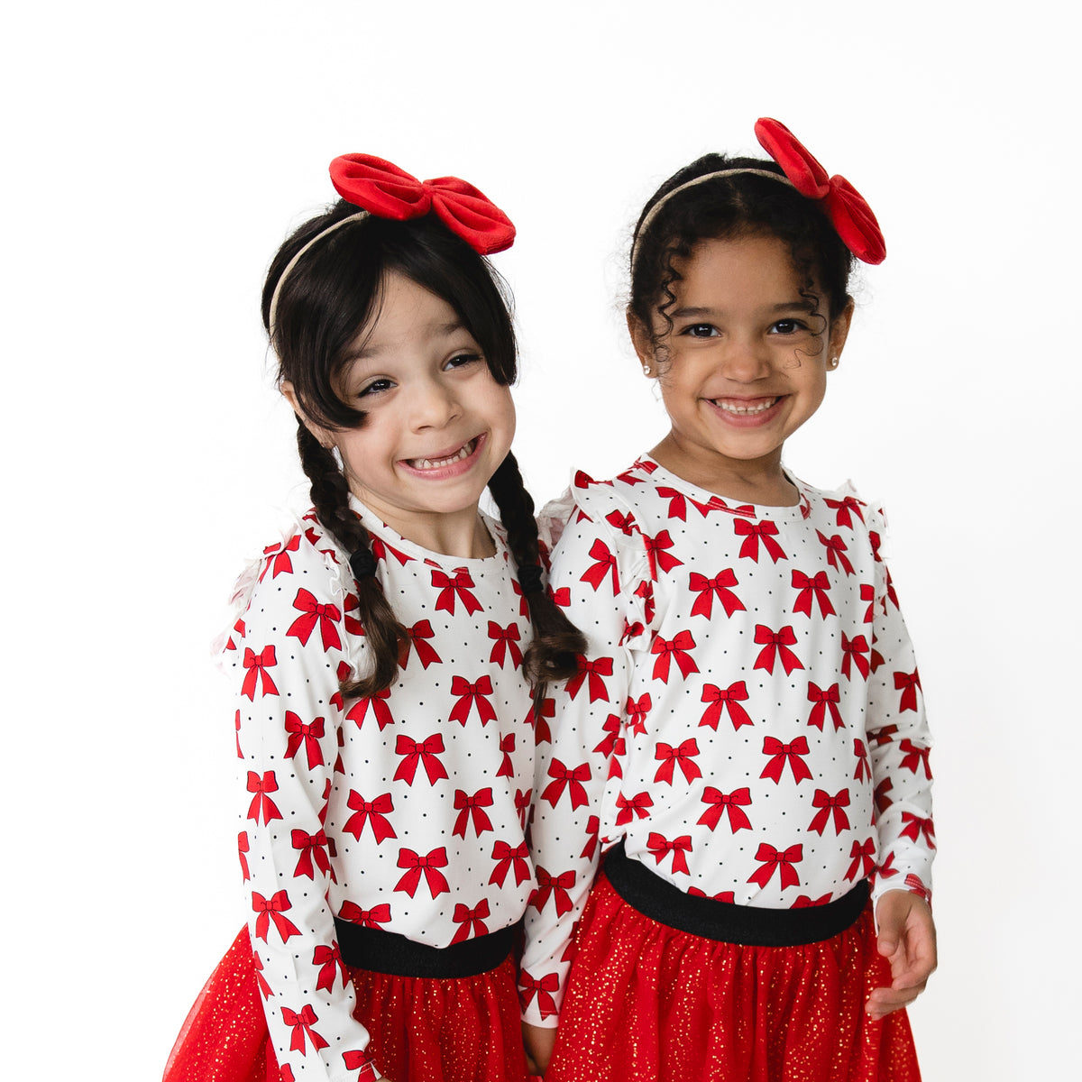 Festive Bows - Bamboo - Long Sleeve Ruffle Tee