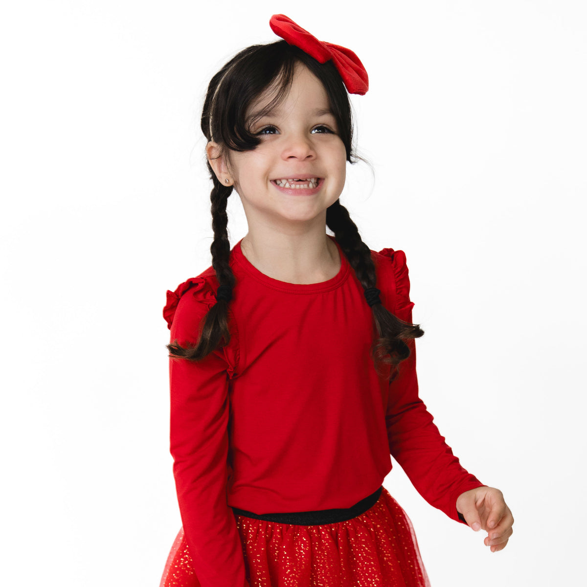 Solid Haute Red - Long Sleeve Ruffle Tee