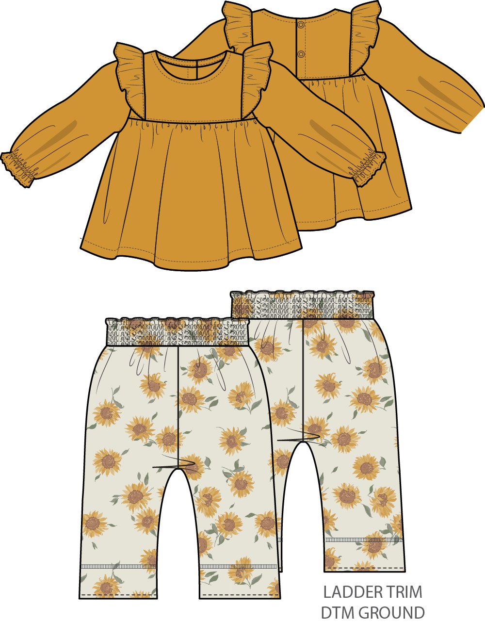 Baby Sunflower - Long Sleeve Ruffle Tunic and Smocked Waist Pant