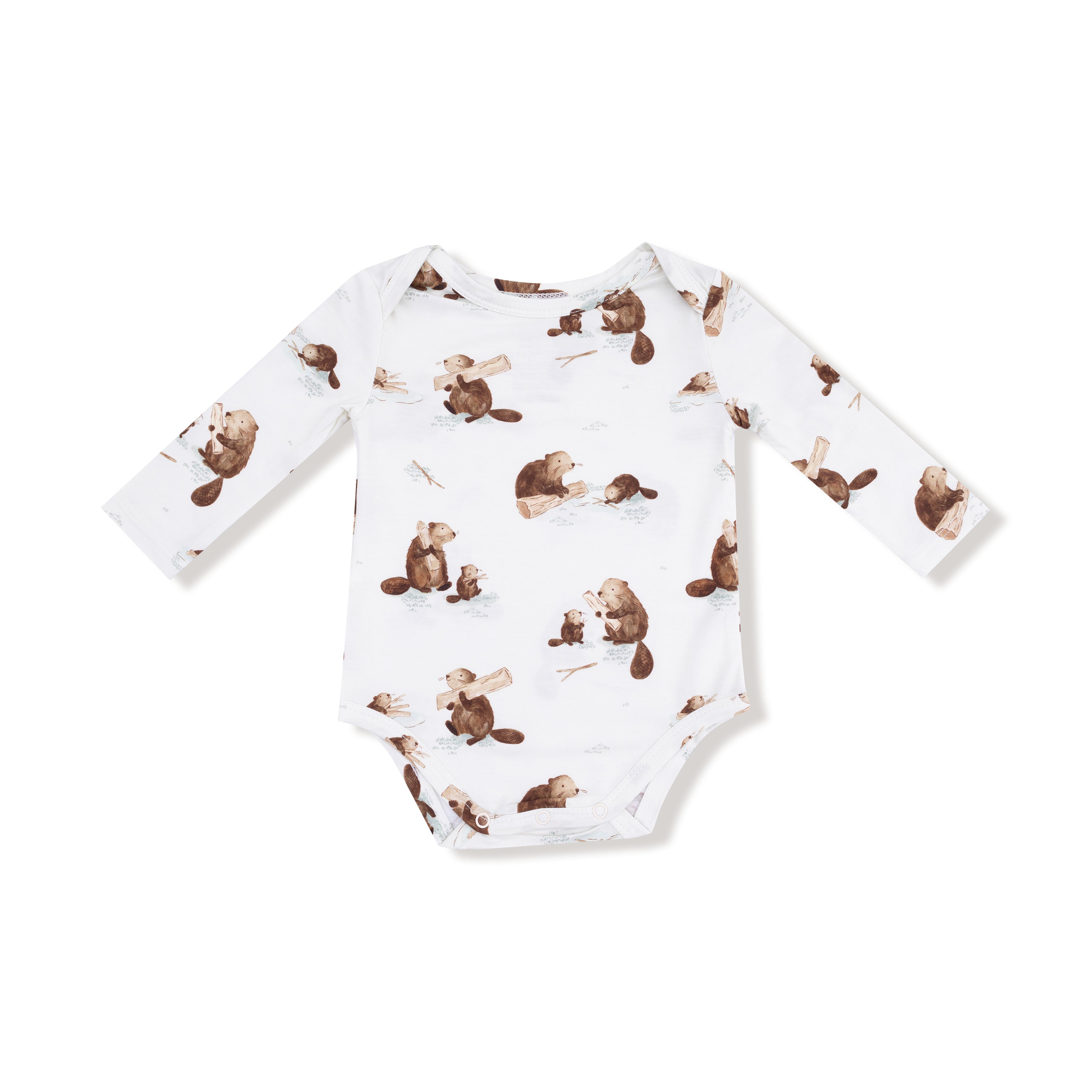 Lap Shoulder Bodysuit in our  Baby Beavers print from Angel Dear