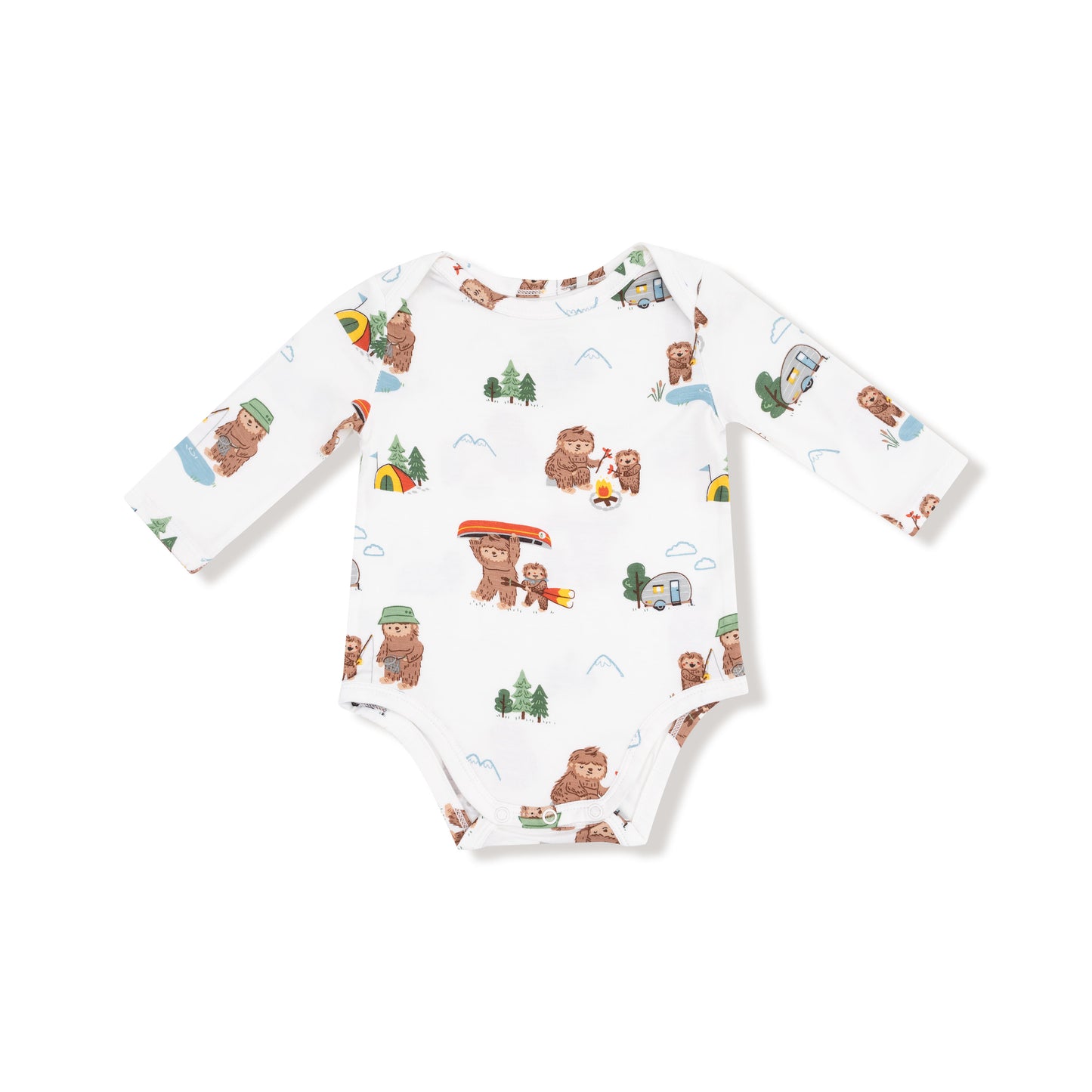 Lap Shoulder Bodysuit in our  Bigfoot Camping print from Angel Dear
