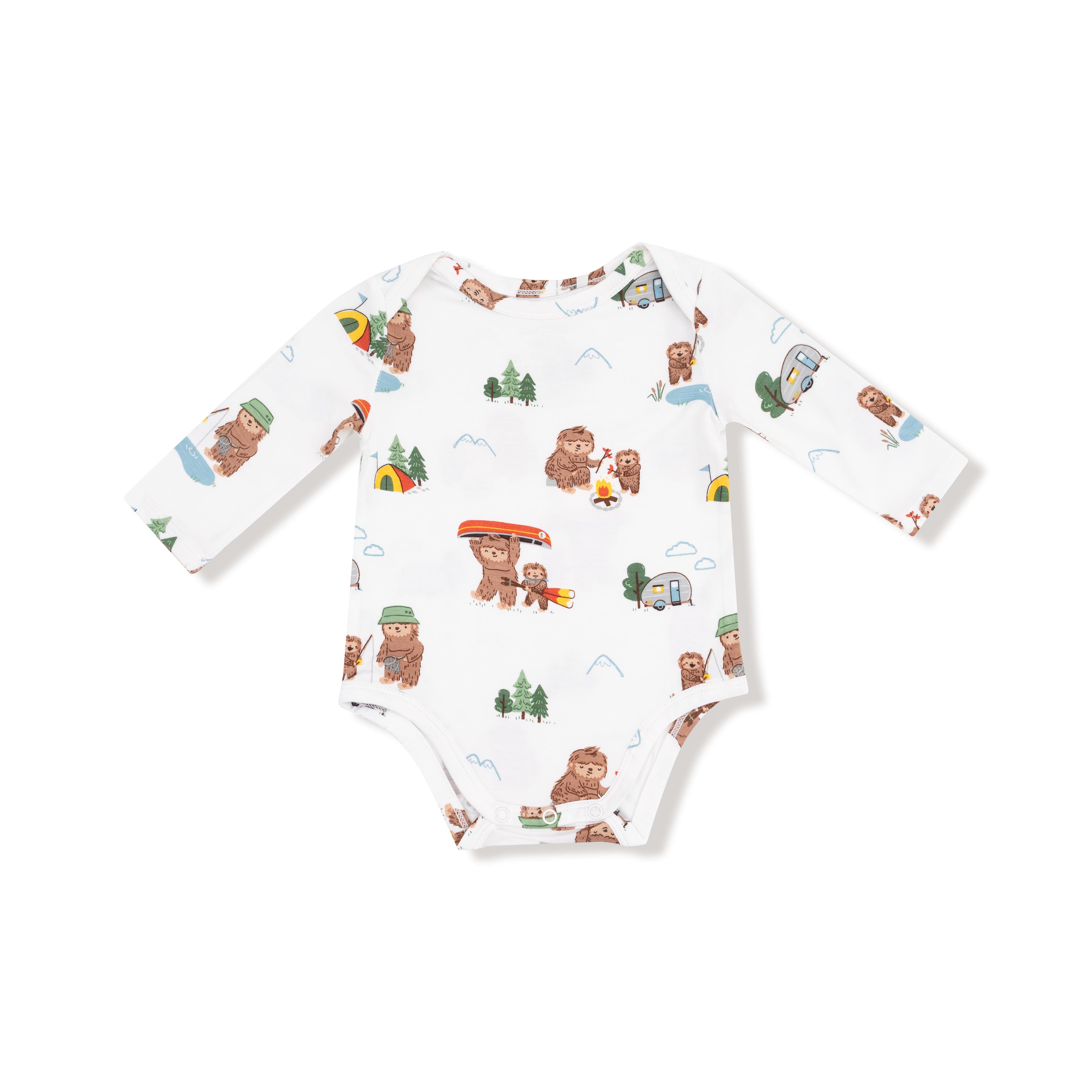 Lap Shoulder Bodysuit in our  Bigfoot Camping print from Angel Dear