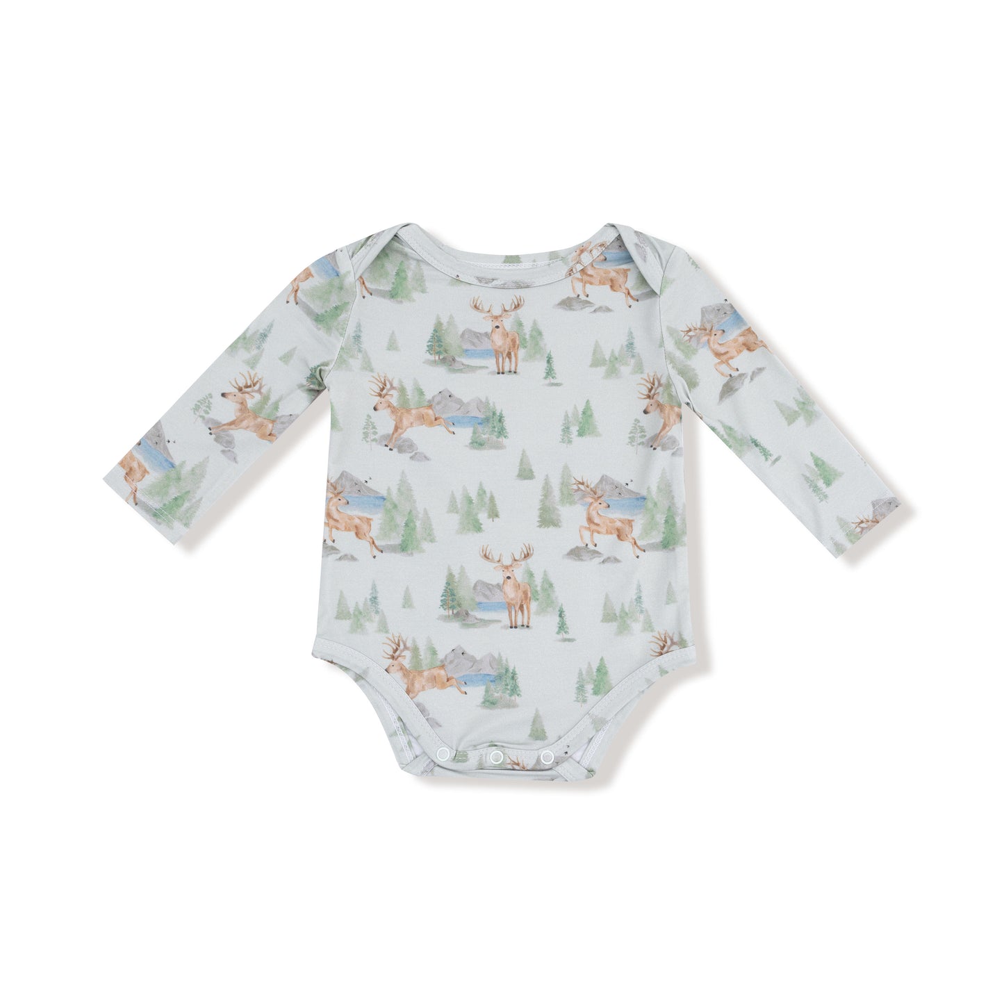 Lap Shoulder Bodysuit in our  Buck Deer print from Angel Dear