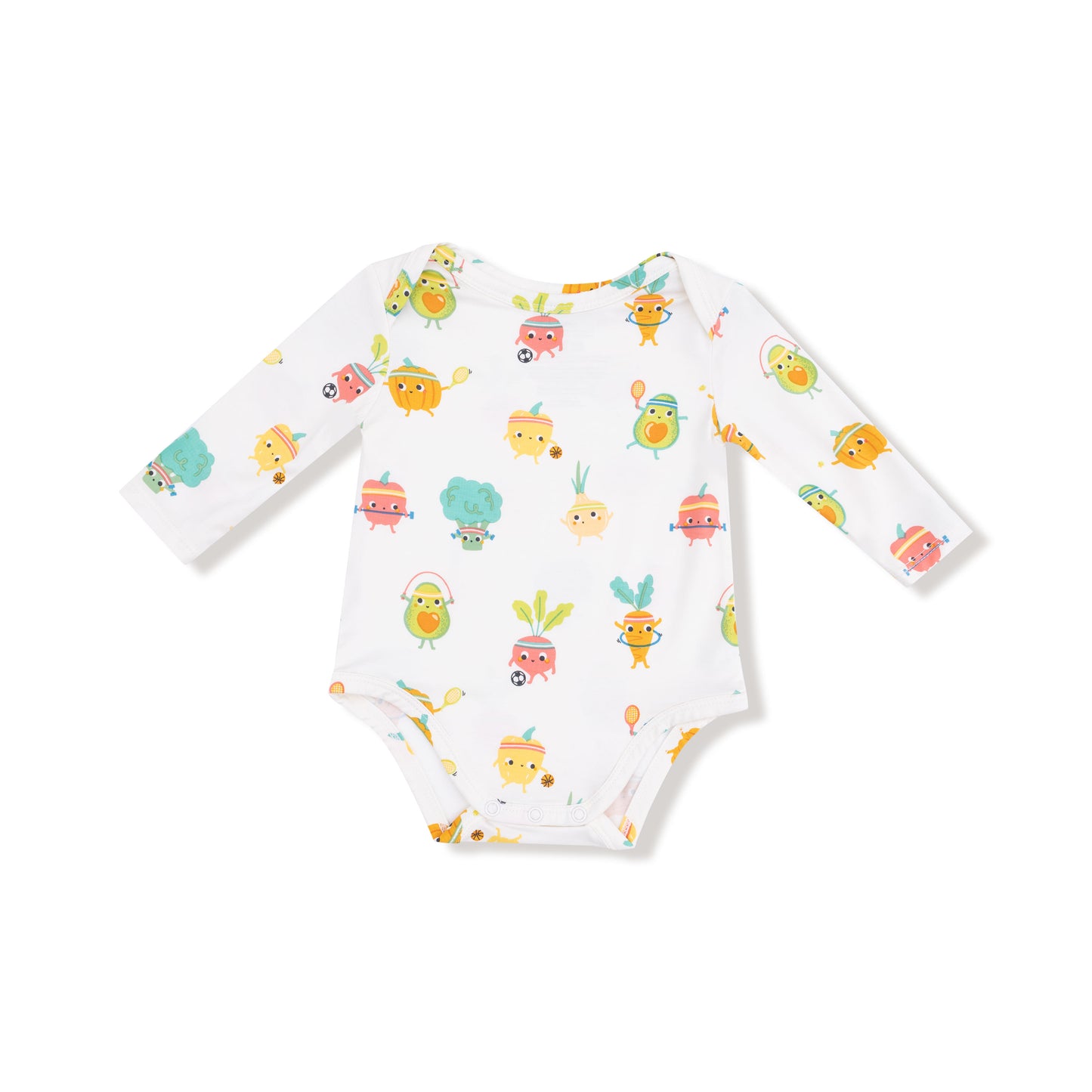 Lap Shoulder Bodysuit in our  Crunch Munch Veggie Sports print from Angel Dear