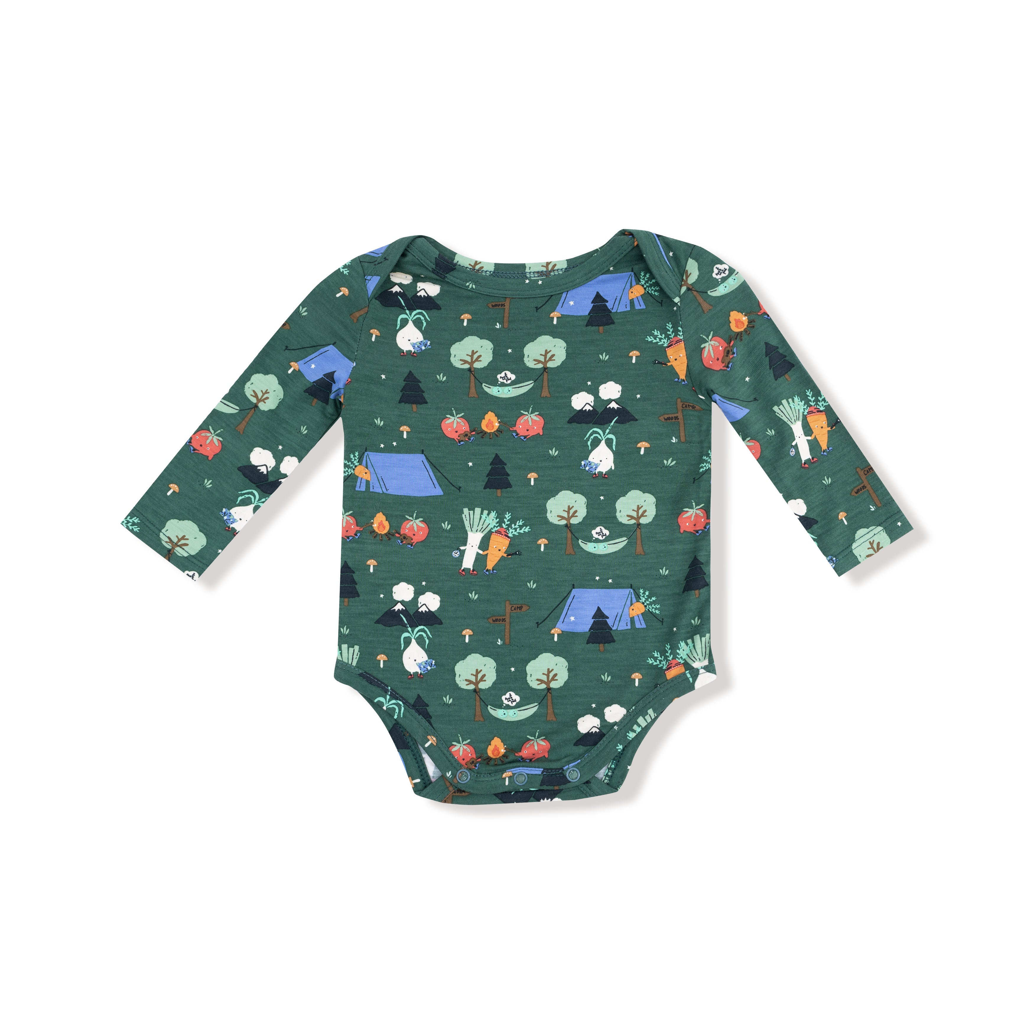 Lap Shoulder Bodysuit in our  Camping Veggies print from Angel Dear