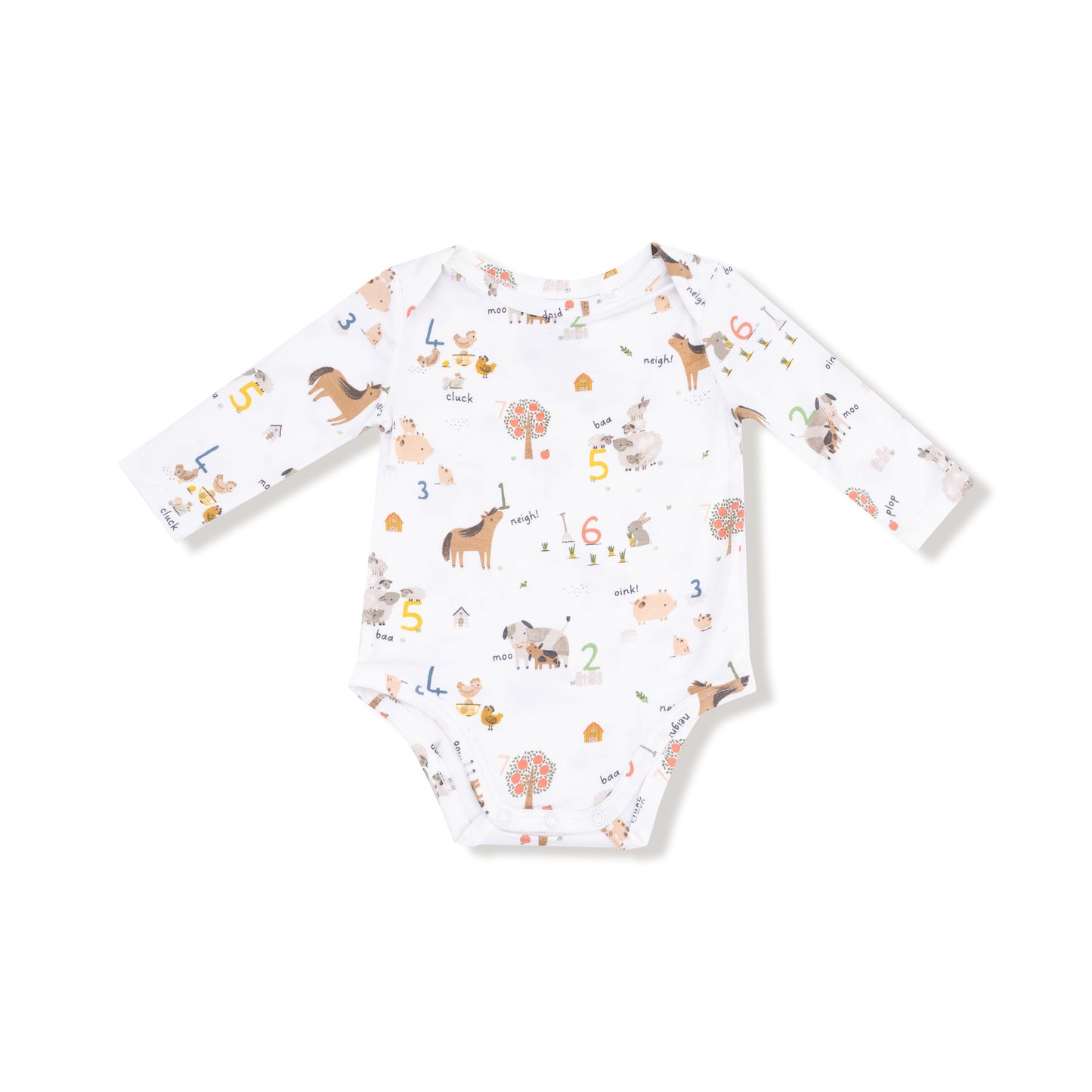Lap Shoulder Bodysuit in our  Farm Sounds print from Angel Dear