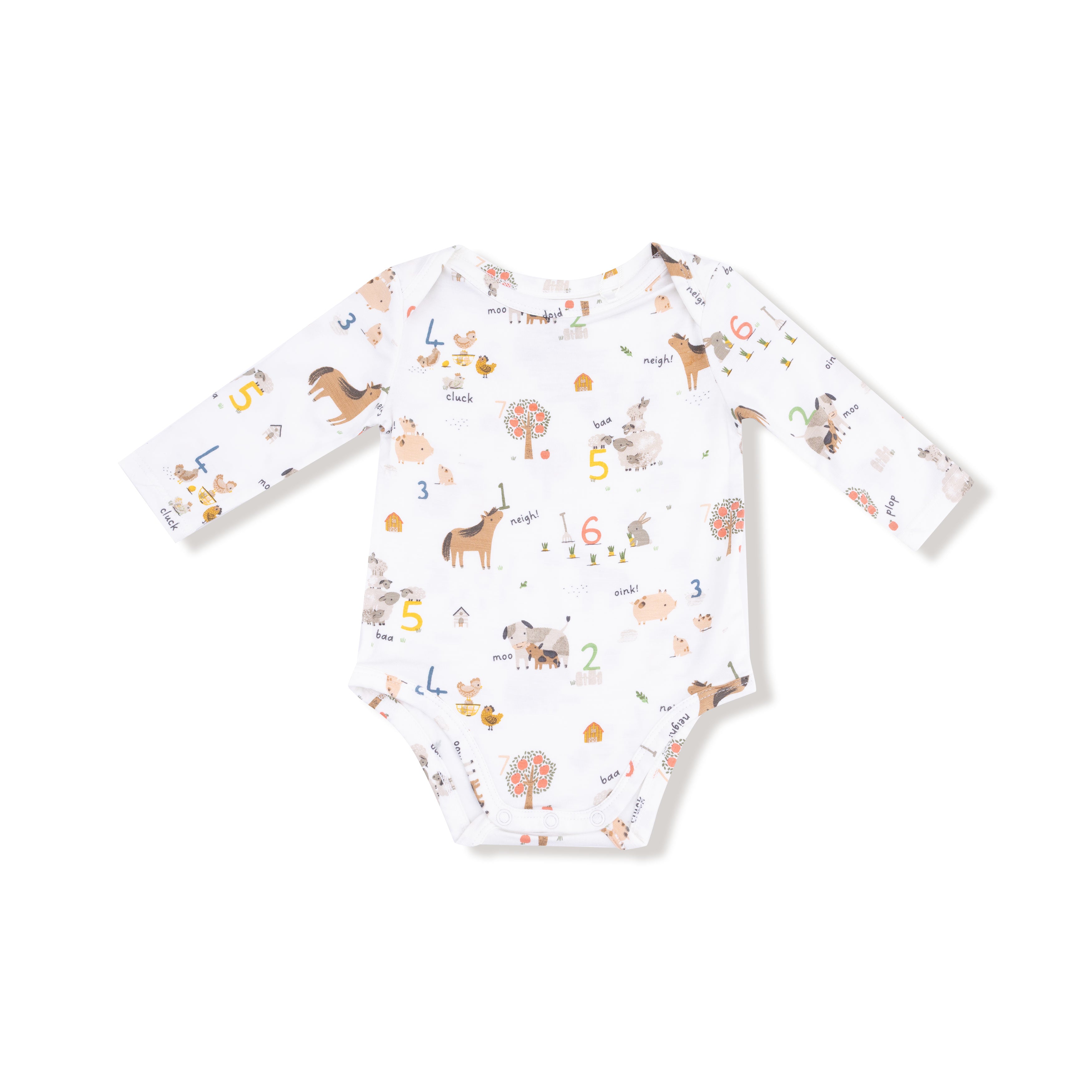 Lap Shoulder Bodysuit in our  Farm Sounds print from Angel Dear