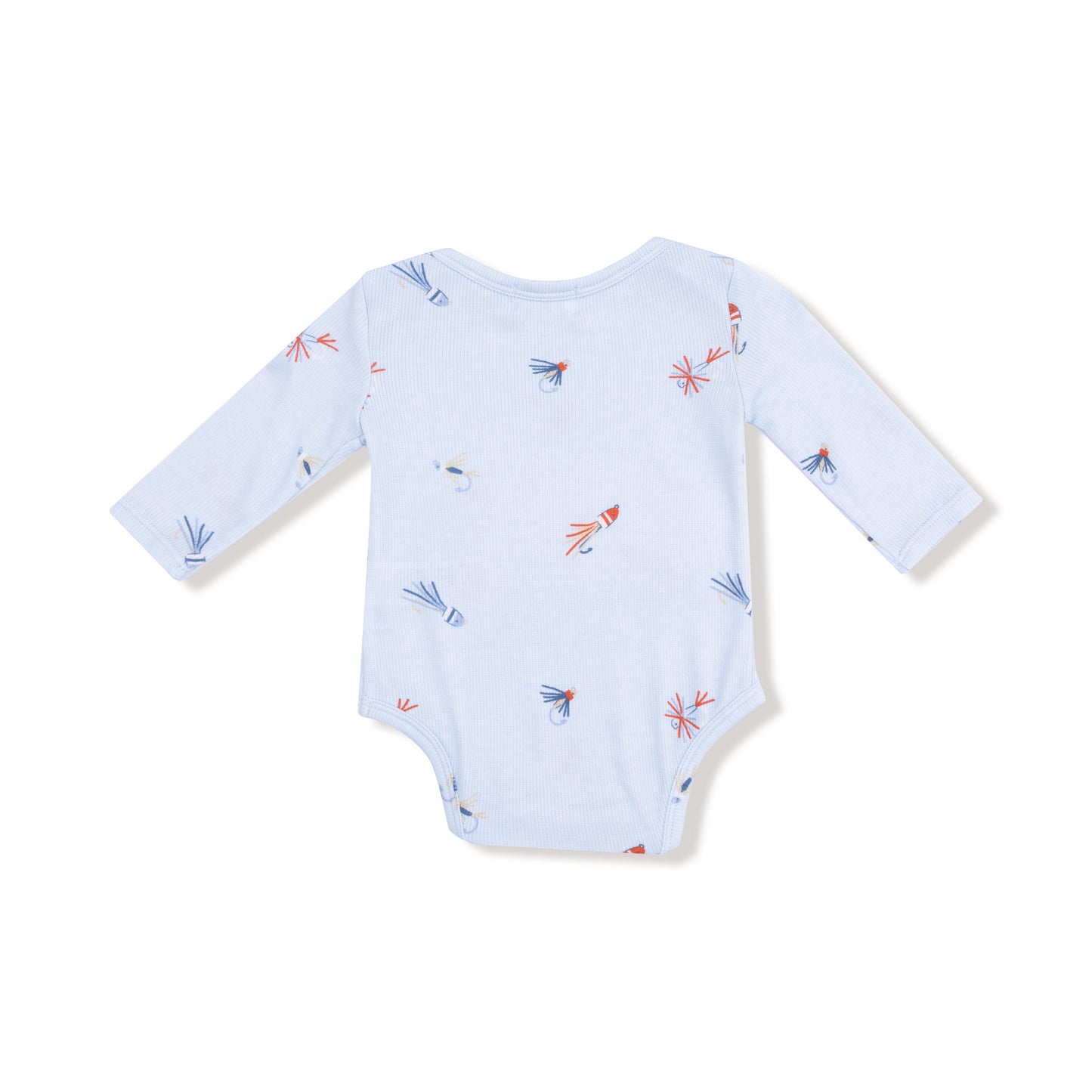 Lap Shoulder Bodysuit in our  Fly Fishing Lures print from Angel Dear